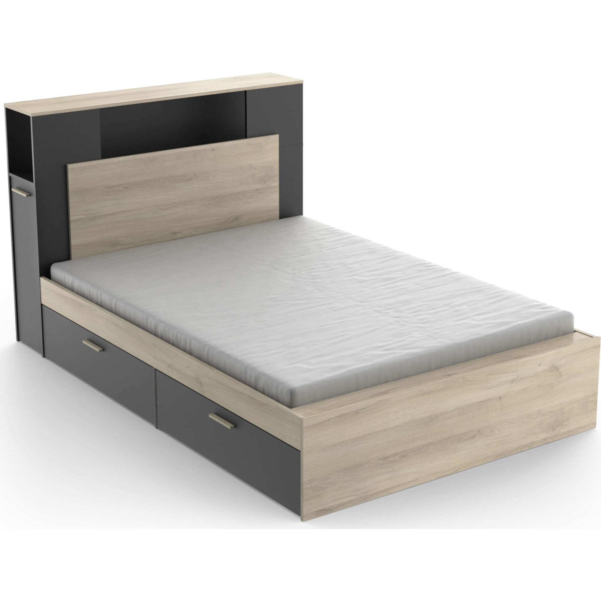 Cama Casal com 4 Gavetas 145x231x113cm Preta e Carvalho Life