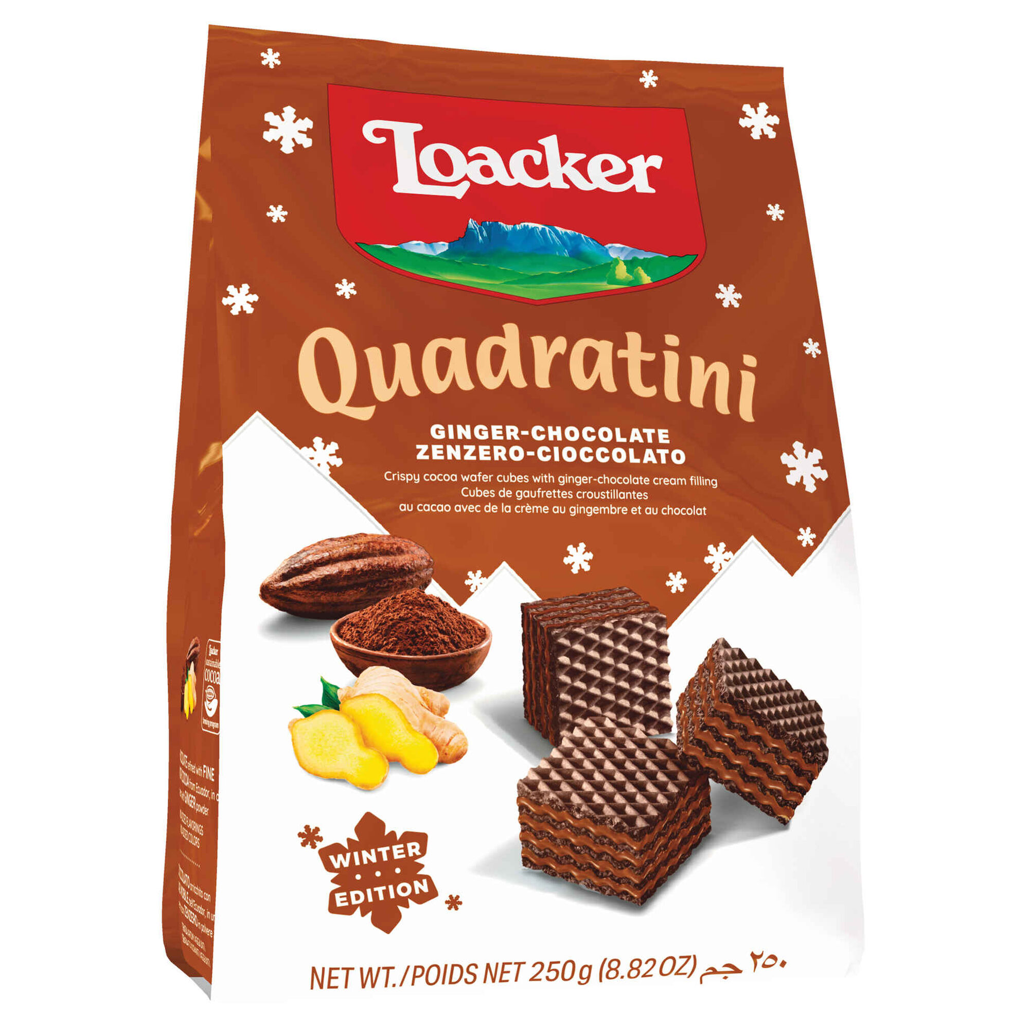 Bolachas Wafers Quadratini Chocolate com Recheio de Gengibre e Chocolate