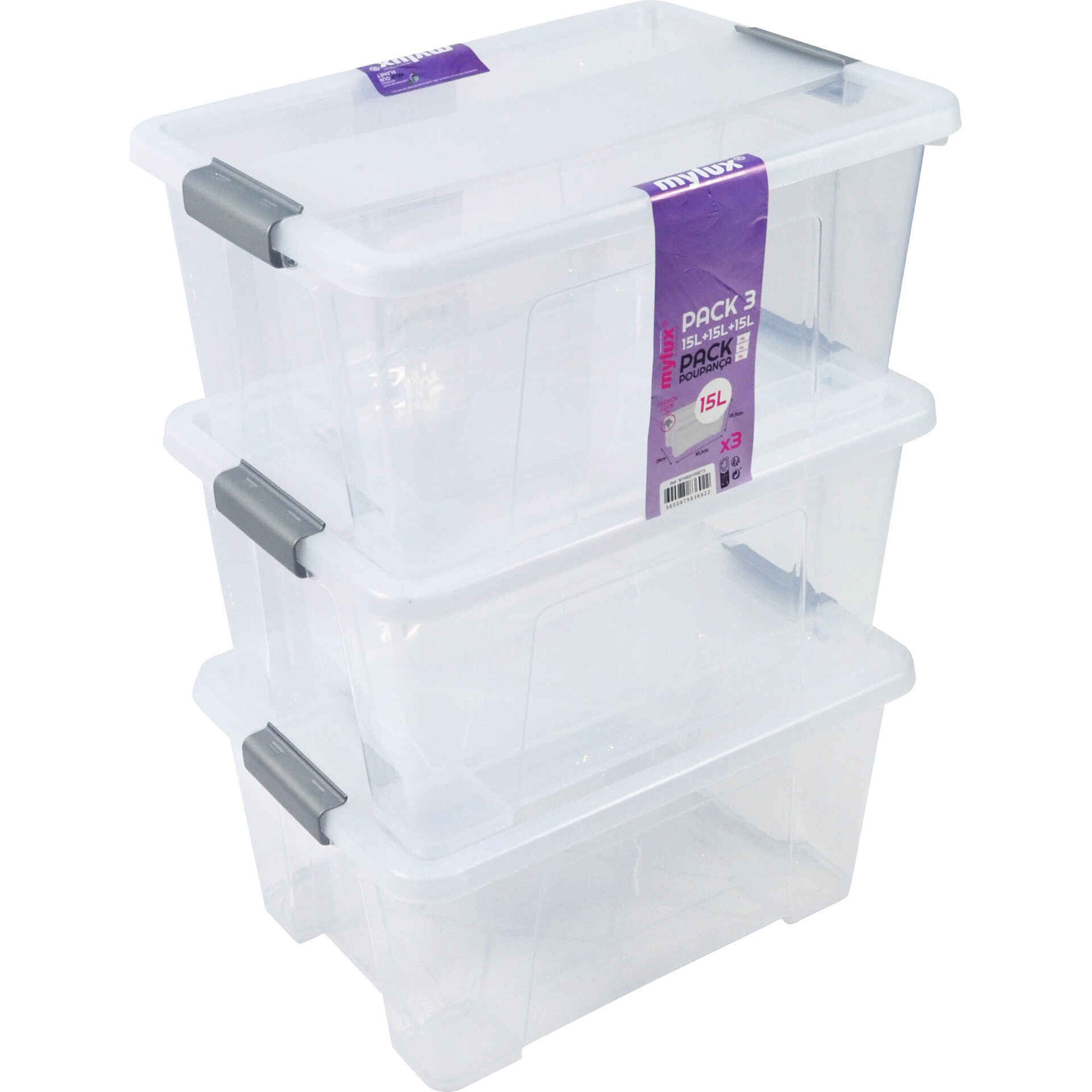 Conjunto 3 Caixas de Arruma&ccedil;&atilde;o com Tampa 15L Transparente Mylux