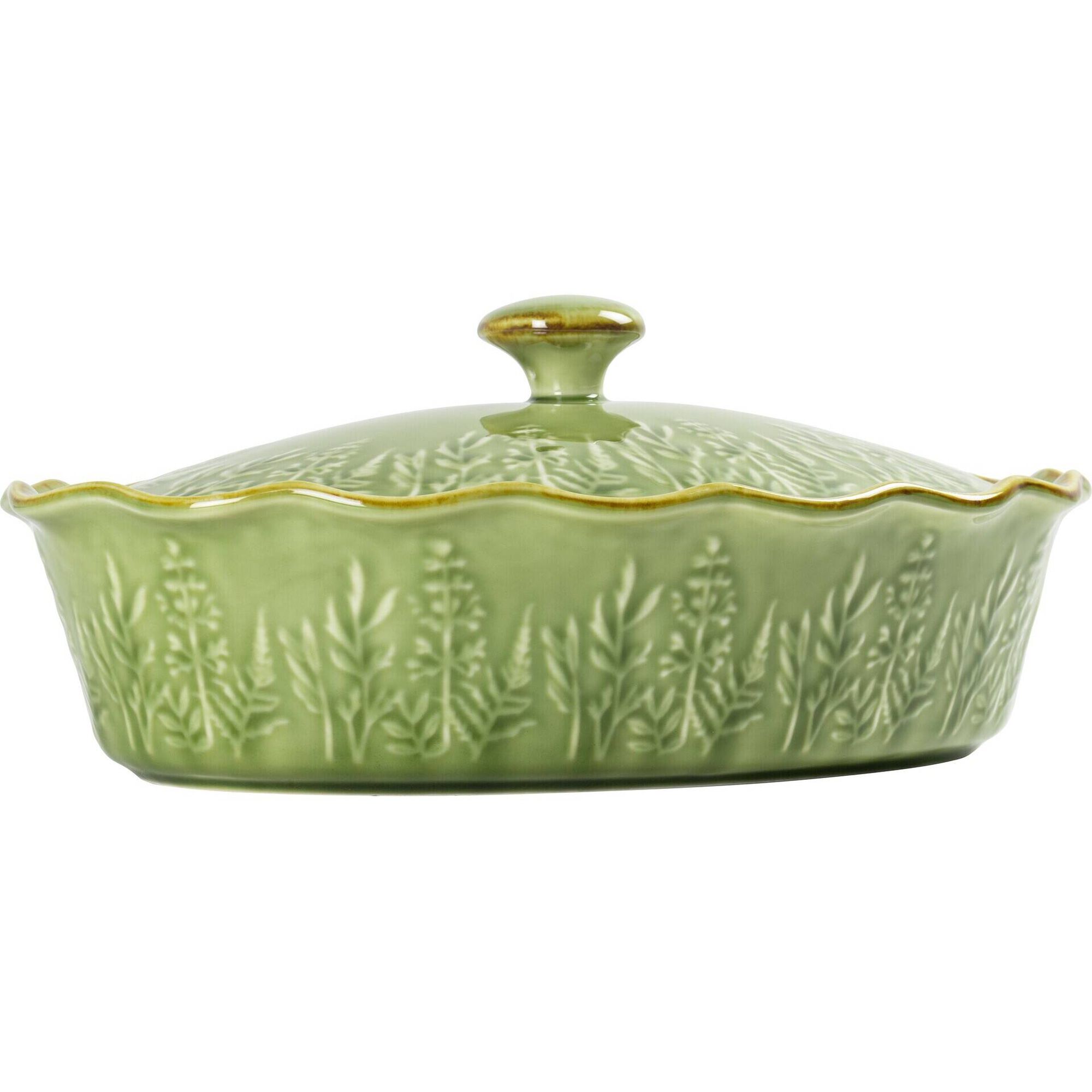 Assadeira Oval com Tampa Folhas Verde Claro Kasa