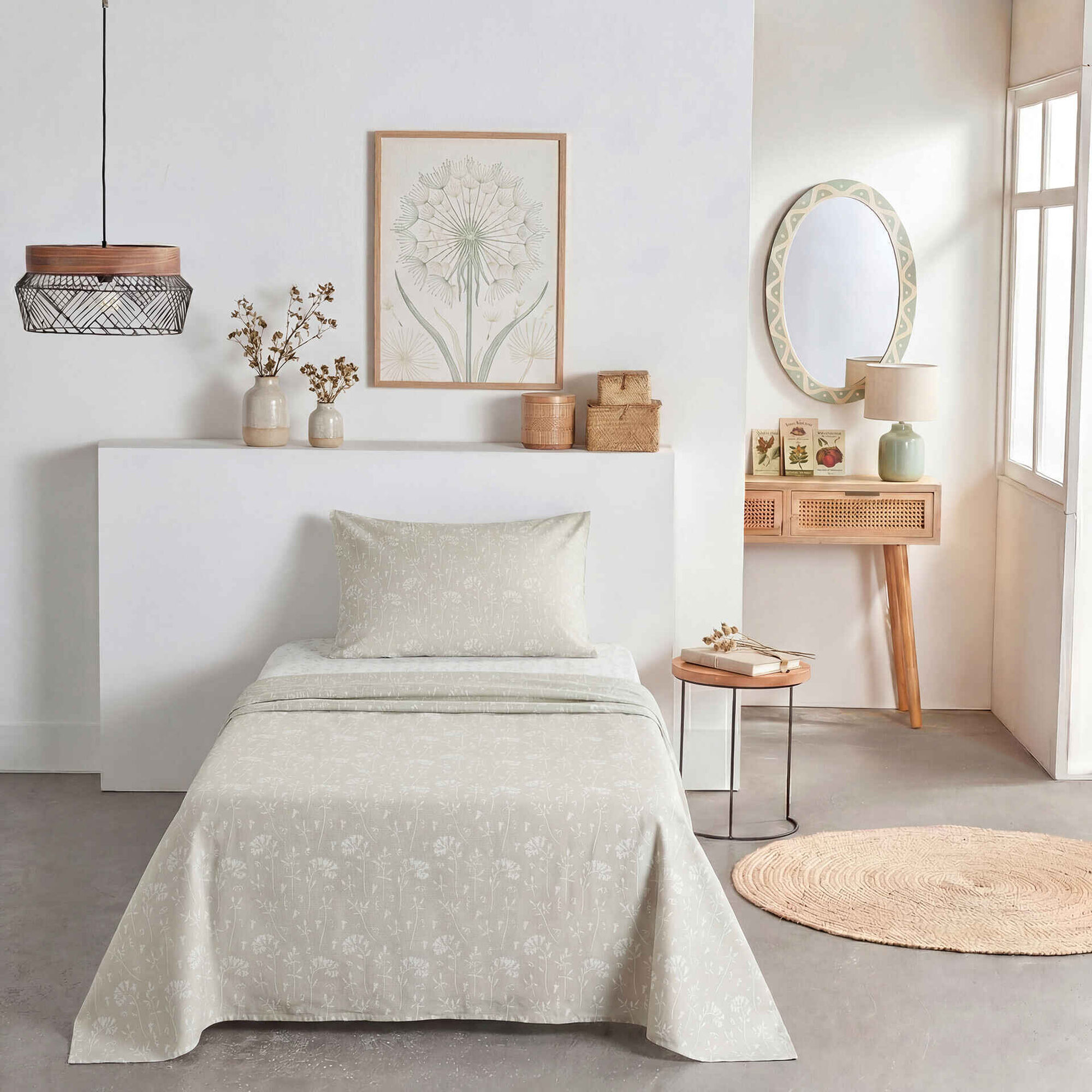 Conjunto Len&ccedil;&oacute;is Algod&atilde;o Flores Bege e Verde Kasa