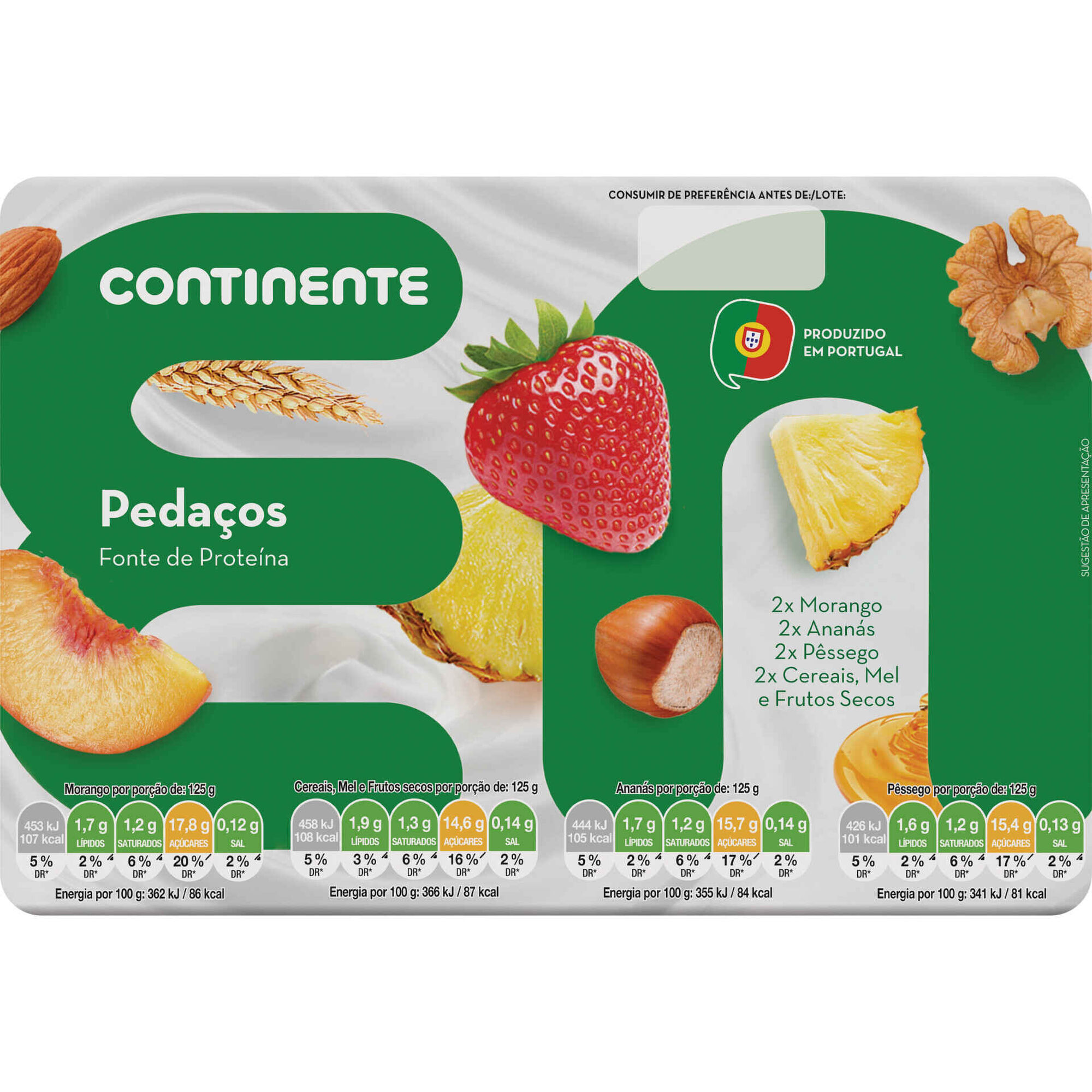 Iogurte Pedaços Morango, Ananás, Pêssego, Cereais, Mel e Frutos Secos