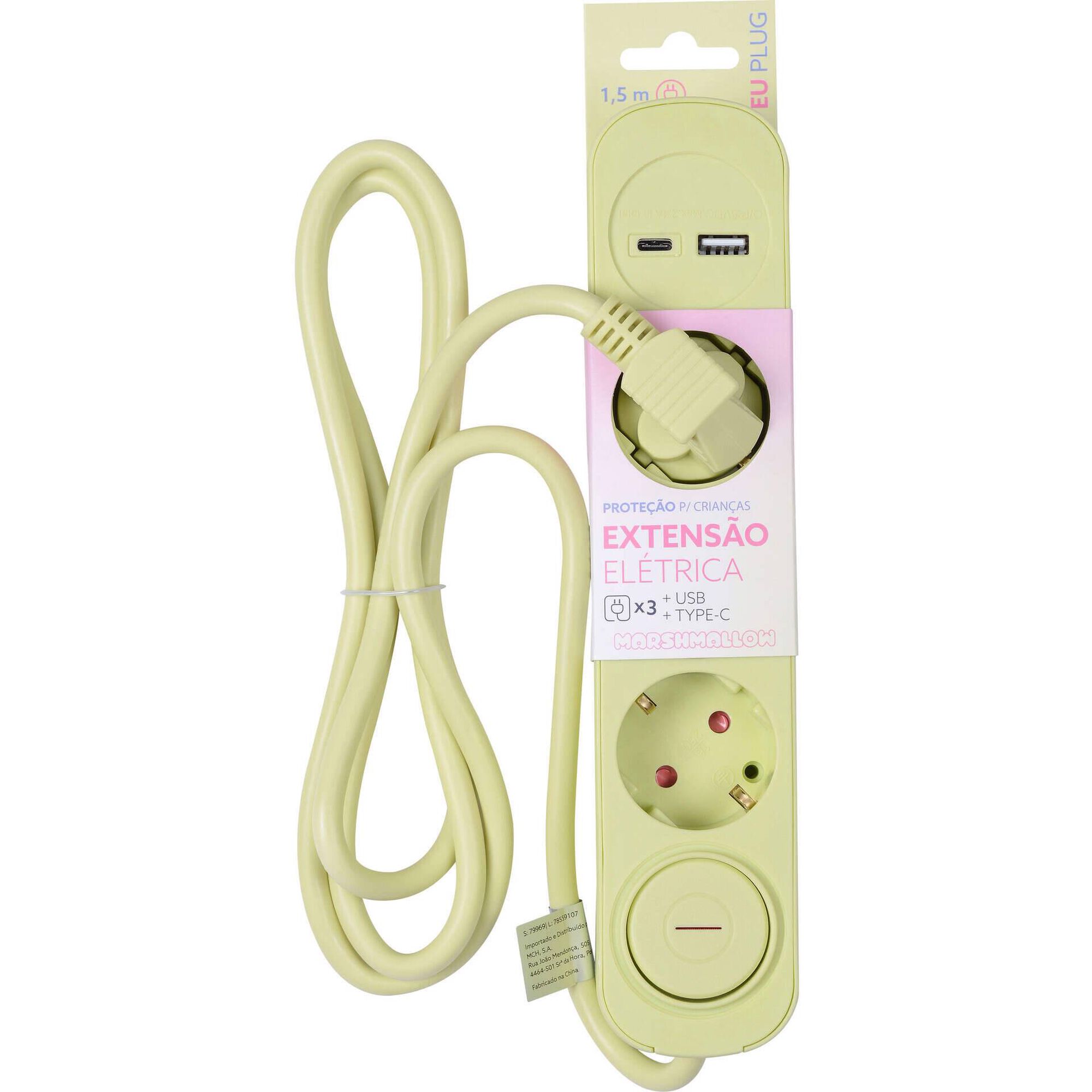 Bloco de 3 Tomadas com Interruptor USB e USB-C 1,5 m Lima Marshmallow