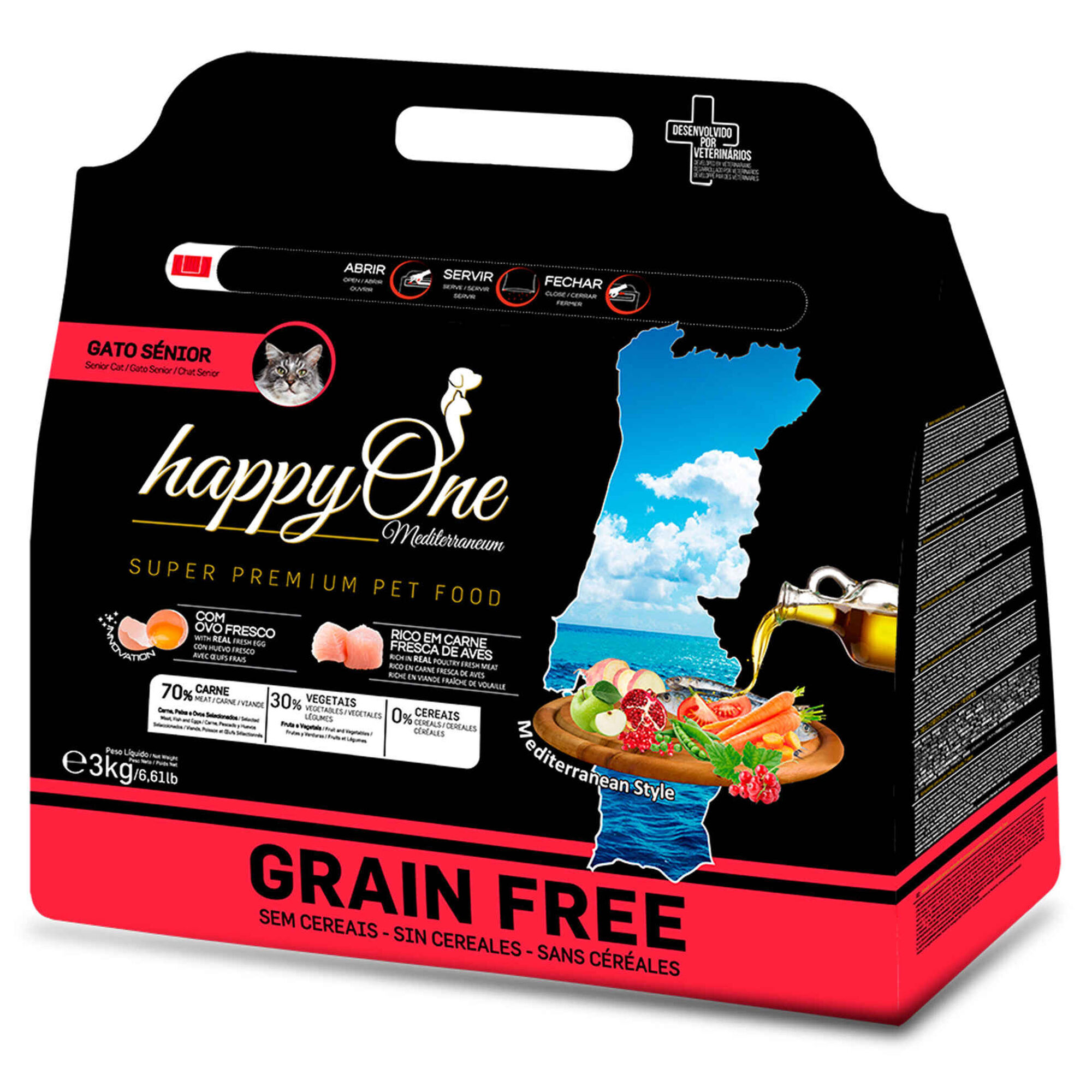 Ra&ccedil;&atilde;o para Gato S&eacute;nior Esterilizado Grain Free happyOne Mediterraneum