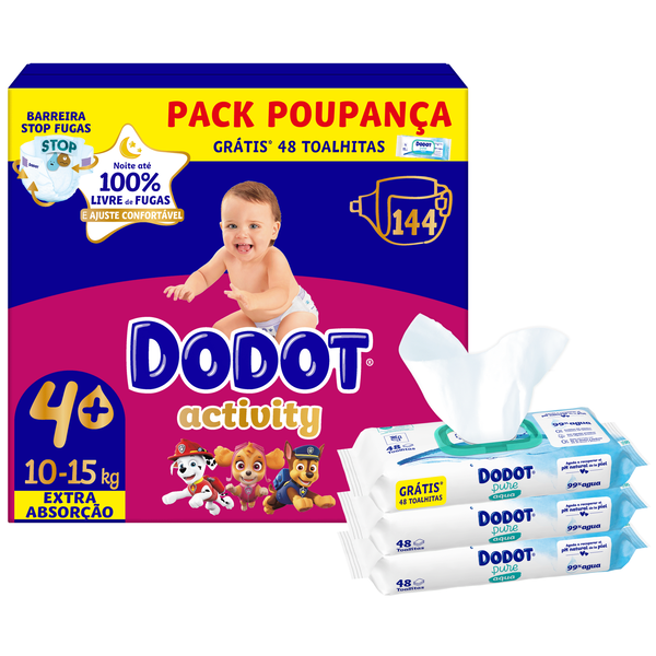 Conjunto Fraldas Activity 10-15kg T4+ e Toalhitas Bebé Aqua Pure Dodot