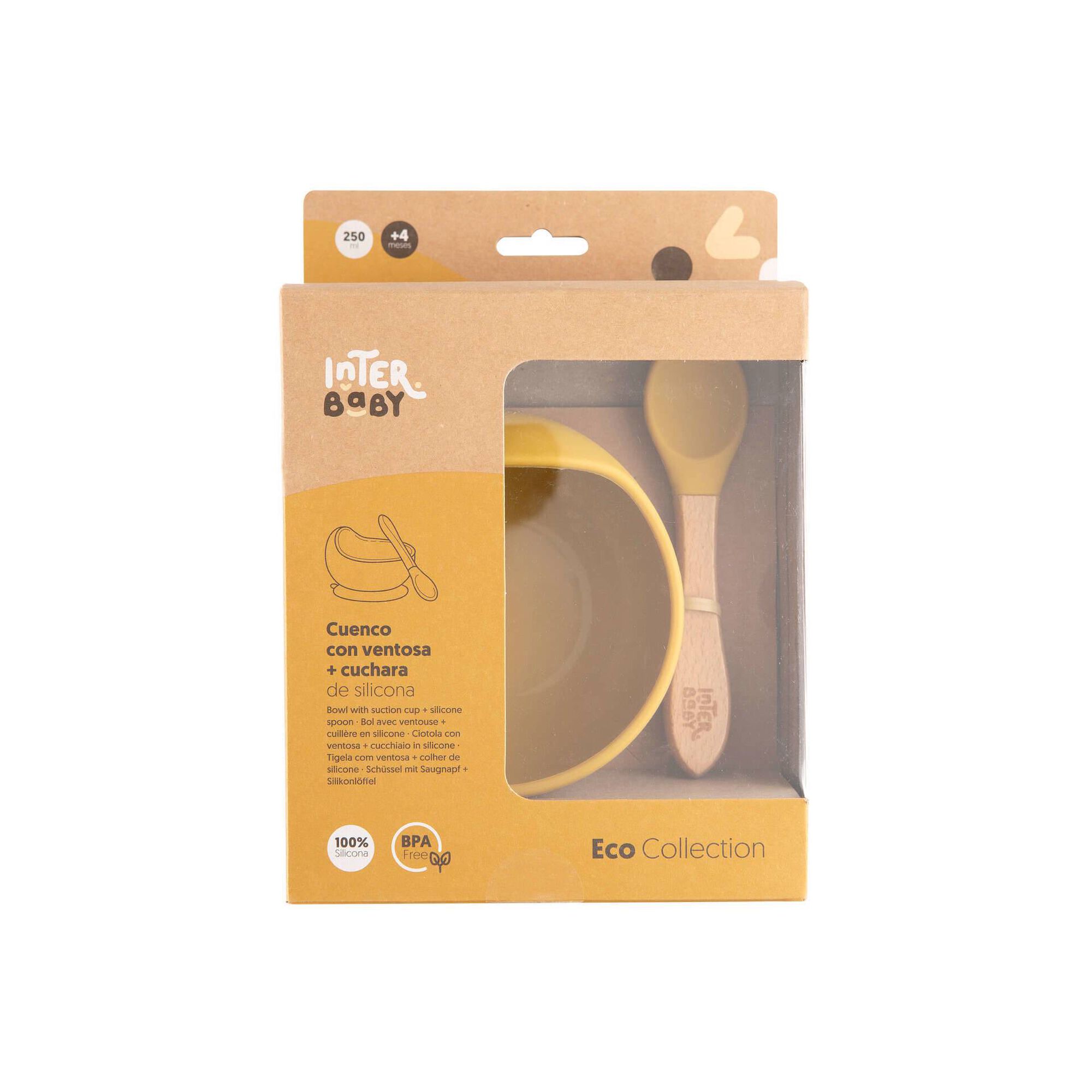Ta&ccedil;a e Colher Madeira E Silicone Amarelo Interbaby