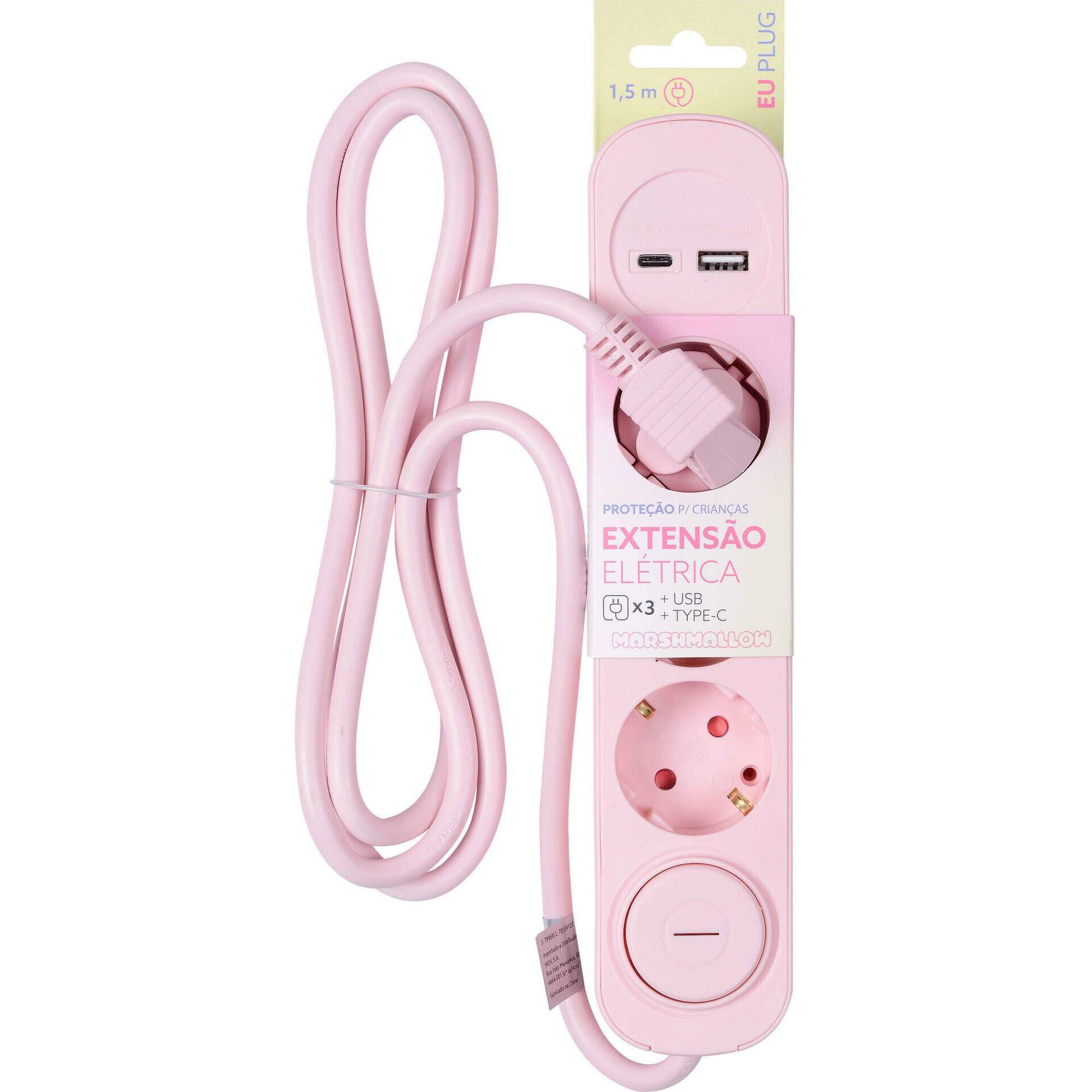 Bloco 3 Tomadas, 1 USB e 1 Type-C 1,5m Rosa Marshmallow