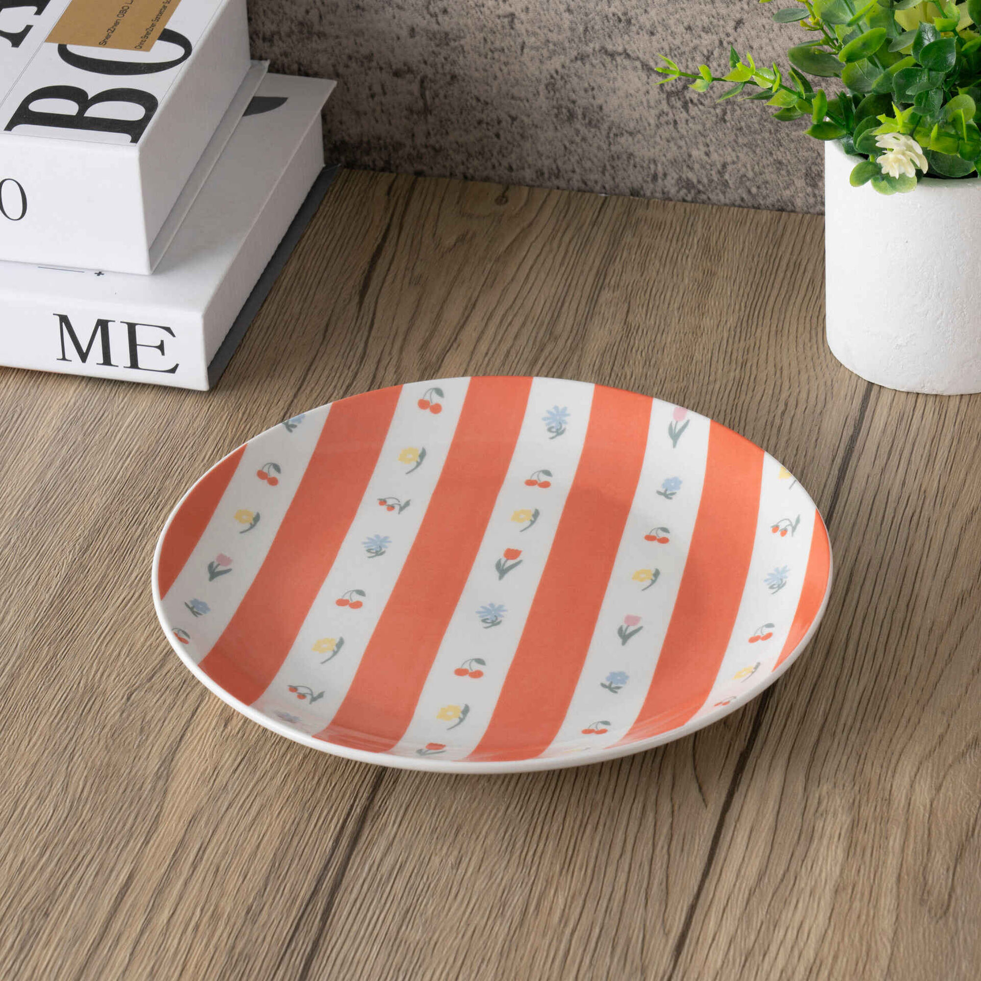 Prato 20,5cm Riscas Laranja com Flores Kasa