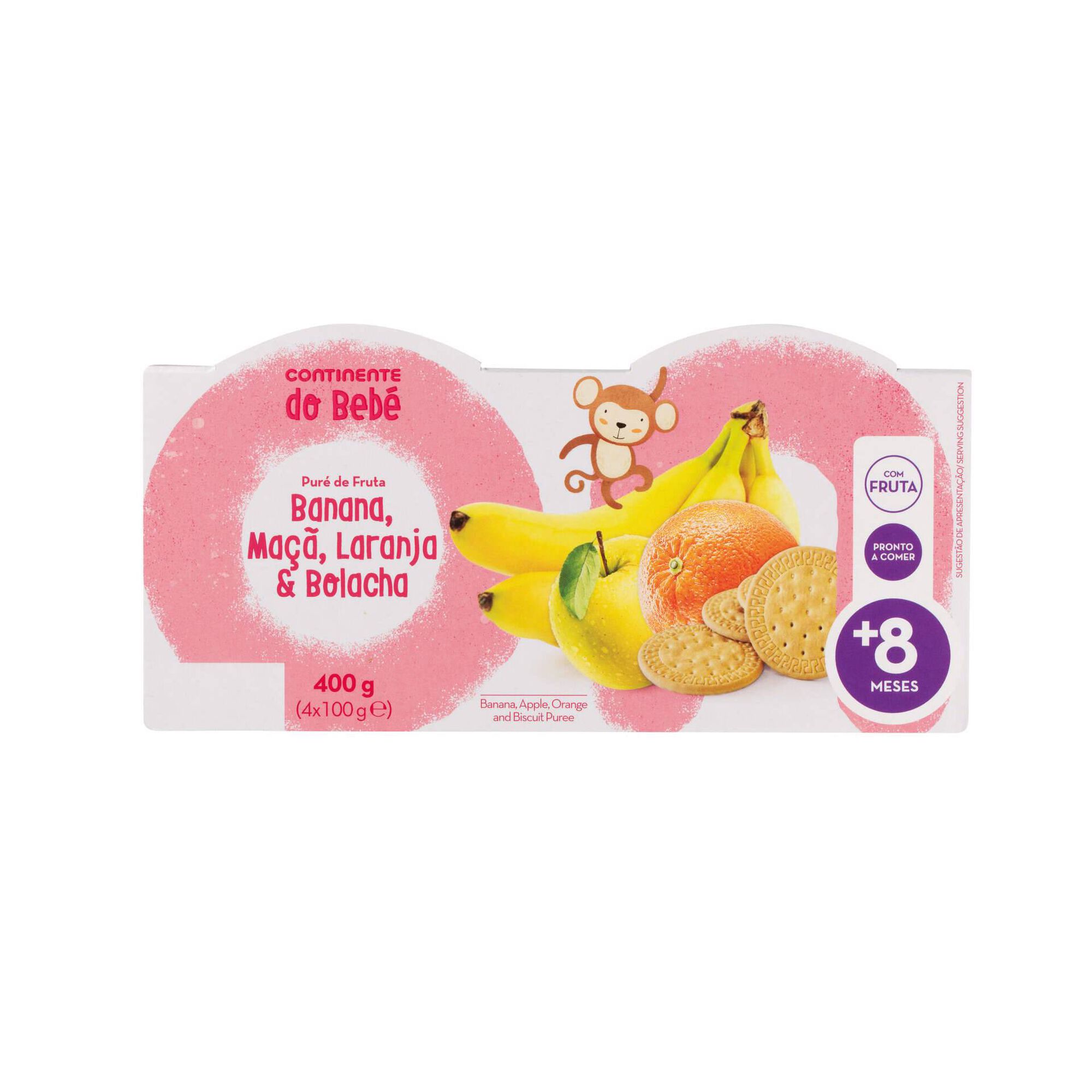 Puré de Fruta Banana, Maçã, Laranja e Bolacha +8M