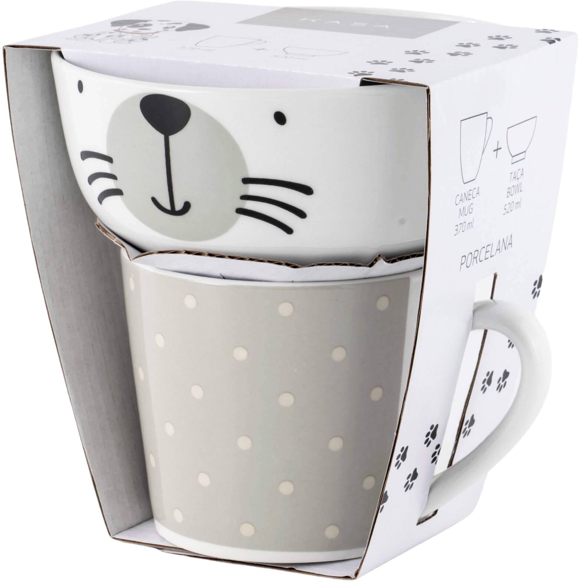 Conjunto Caneca 370ml e Taça 520ml Cão Pintas Cinza