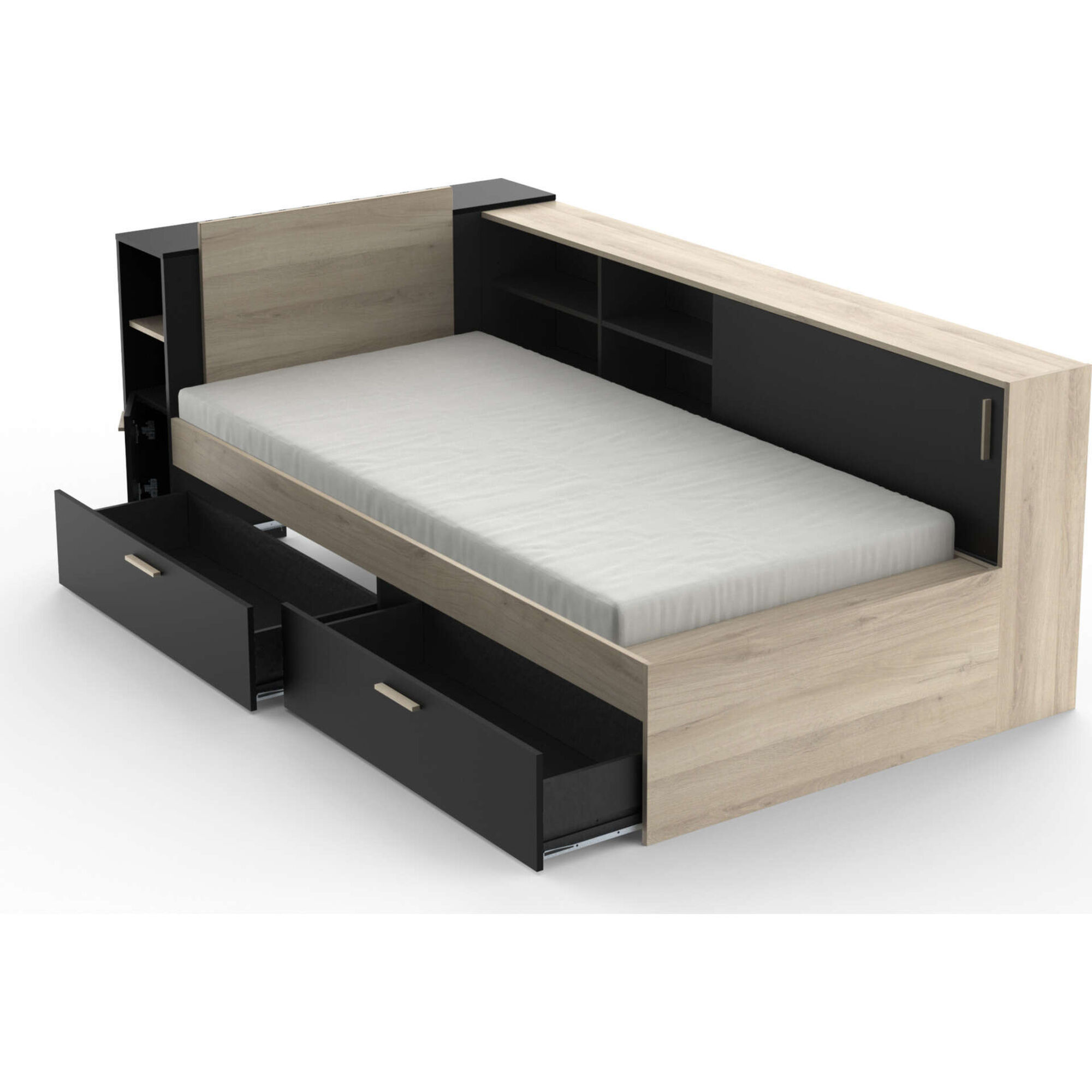 Cama Solteiro 119x229x88cm Preta e Carvalho Life