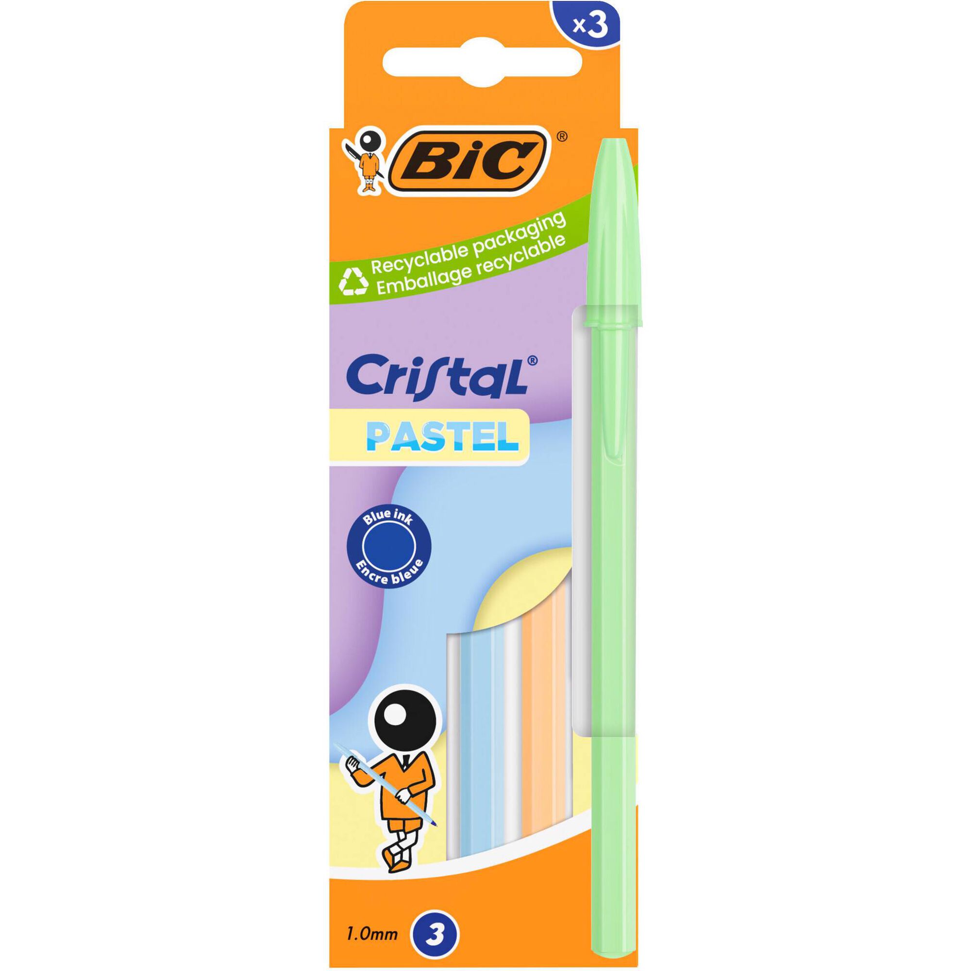 Esferogr&aacute;fica Cristal Pastel Azul, Laranja e Verde Bic