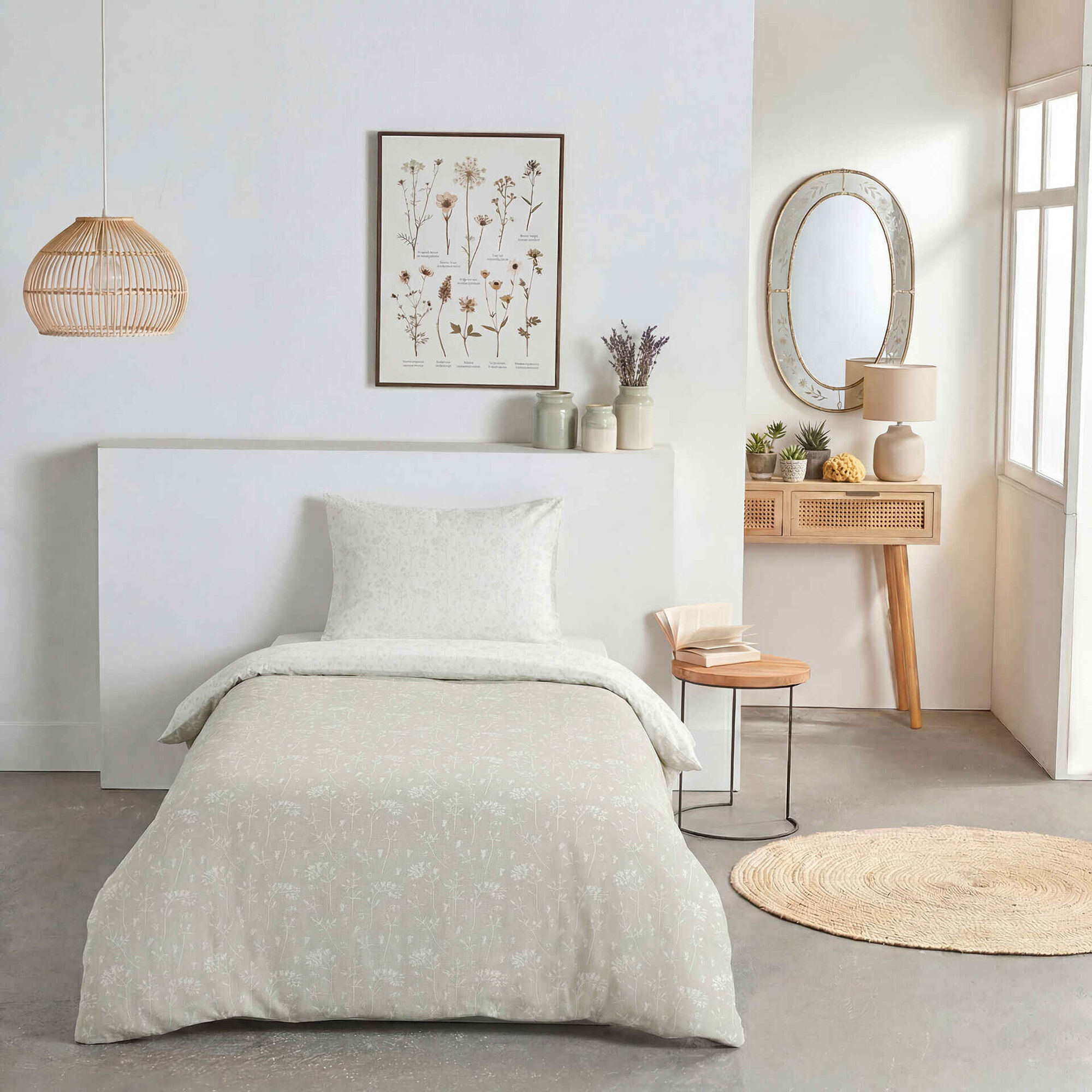 Conjunto Capa de Edred&atilde;o Algod&atilde;o 220x160cm Flores Bege e Verde Kasa