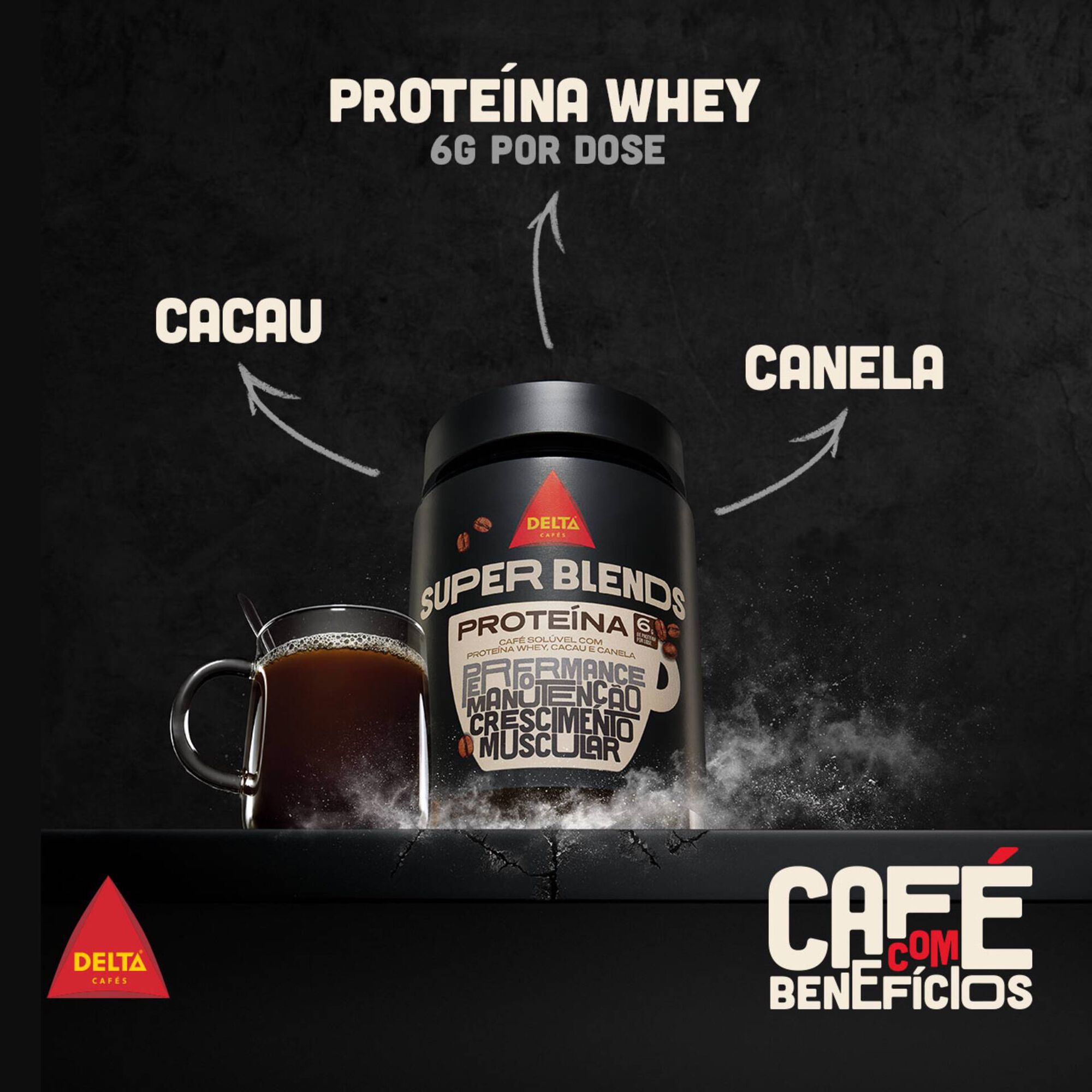 Caf&eacute; Sol&uacute;vel com Prote&iacute;na Whey, Cacau e Canela Super Blends Delta