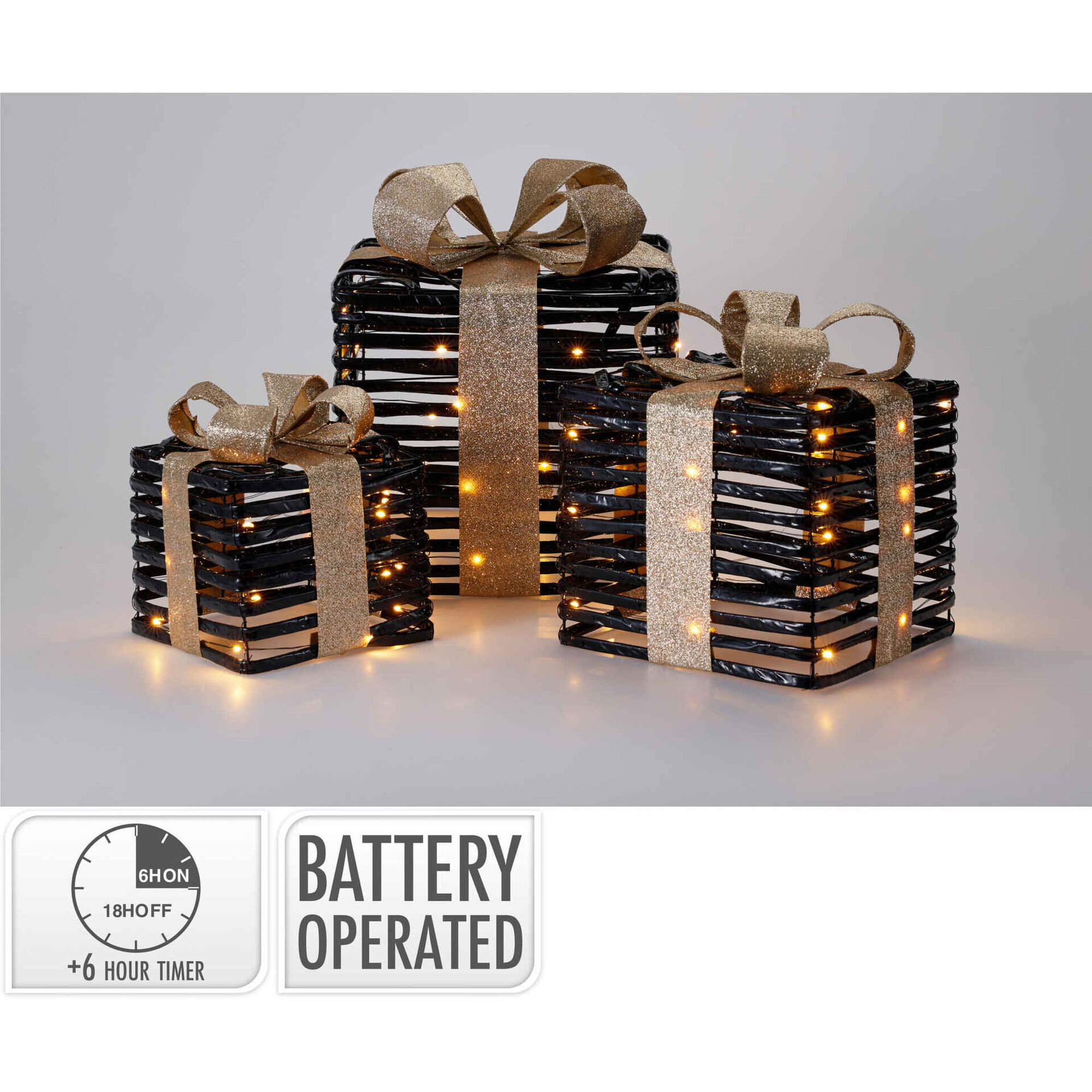 Conjunto 3 Presentes Decorativos com Luzes Gold