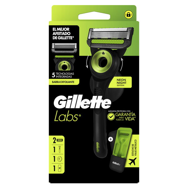 Máquina de Barbear Neon Night + 2 Recargas com Estojo de Viagem Gillette Labs