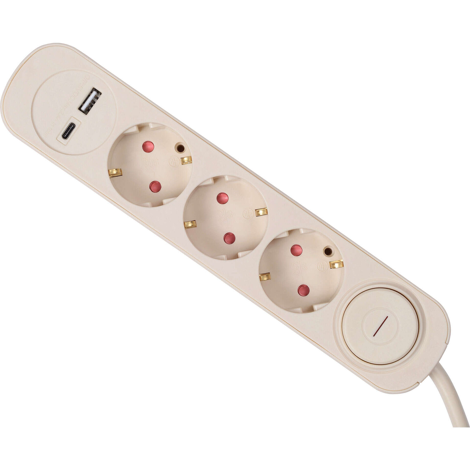 Bloco de 3 Tomadas com Interruptor USB e USB-C 1,5 m Bege Marshmallow