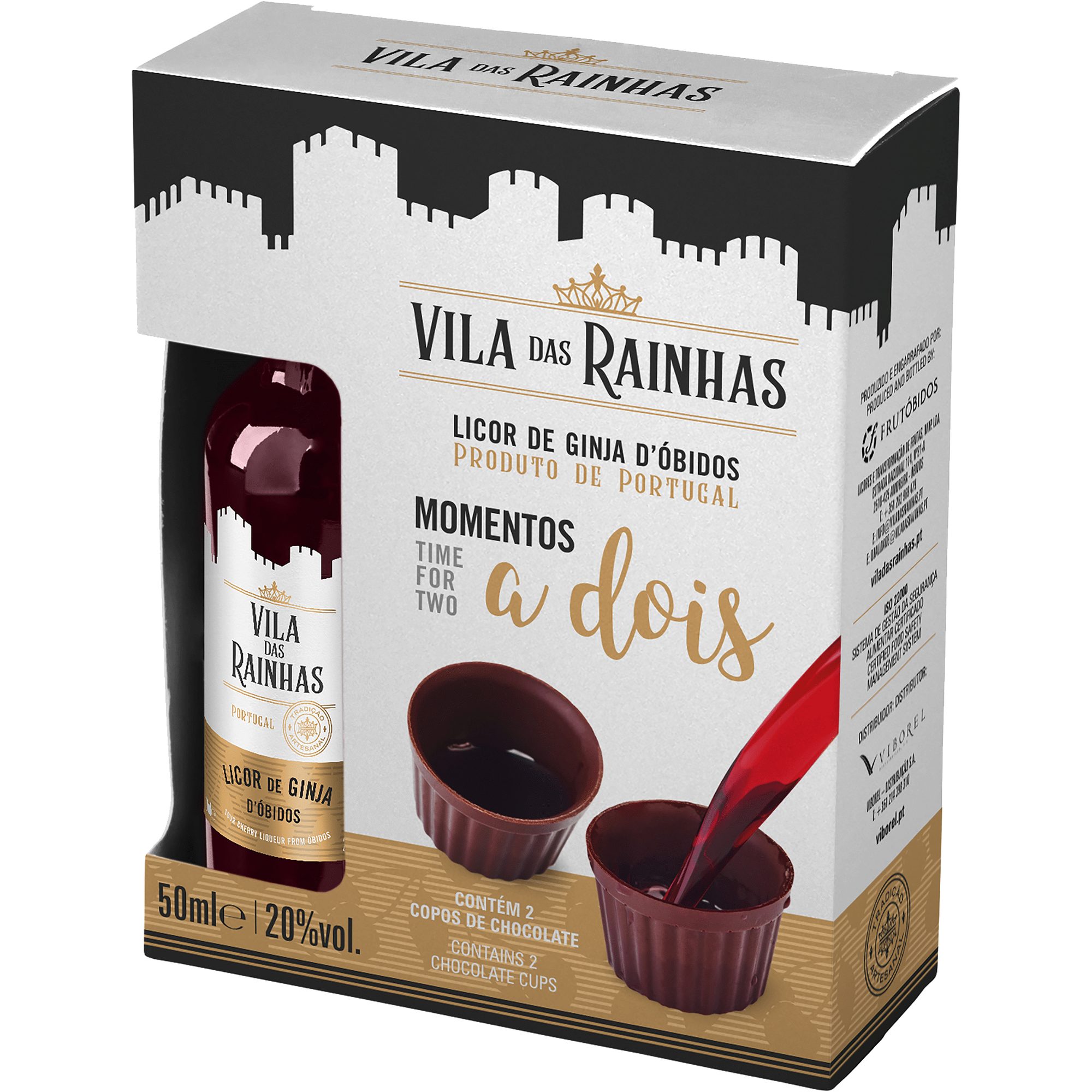 Licor de Ginja Vila das Rainhas Miniatura  com 2 Copos