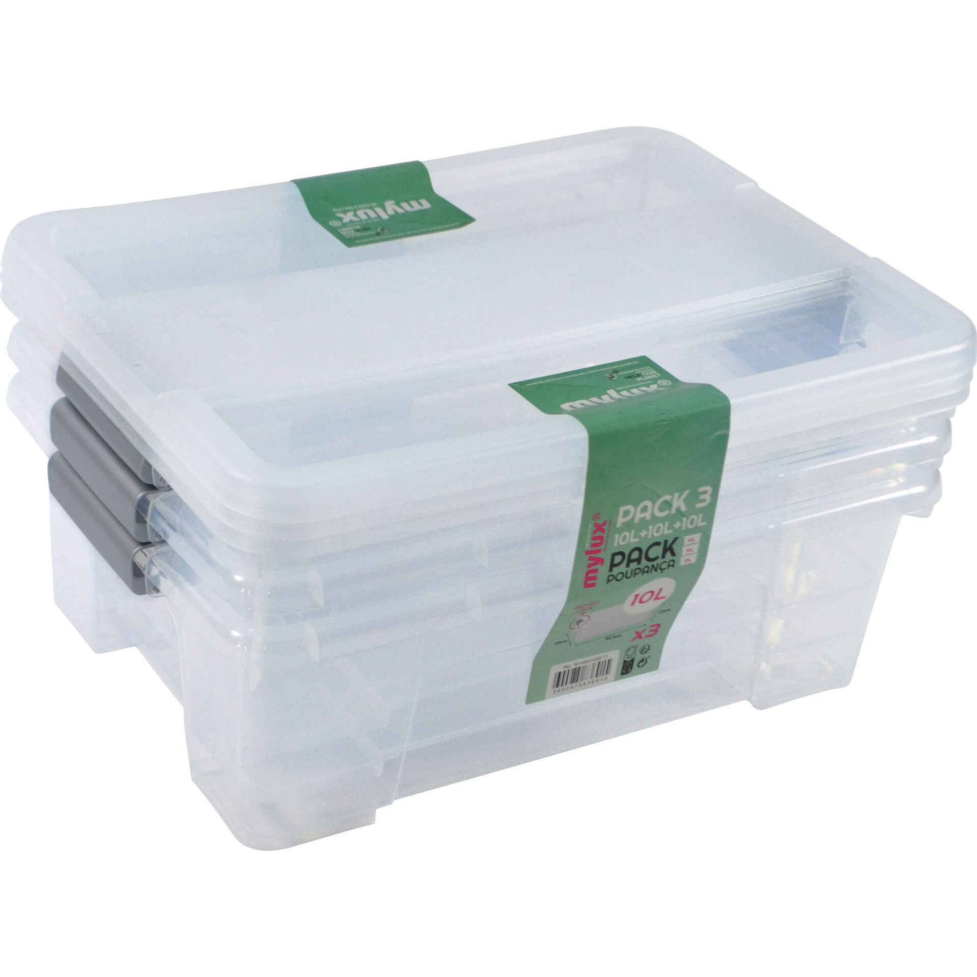 Conjunto 3 Caixas de Arrumação com Tampa 10L Transparente