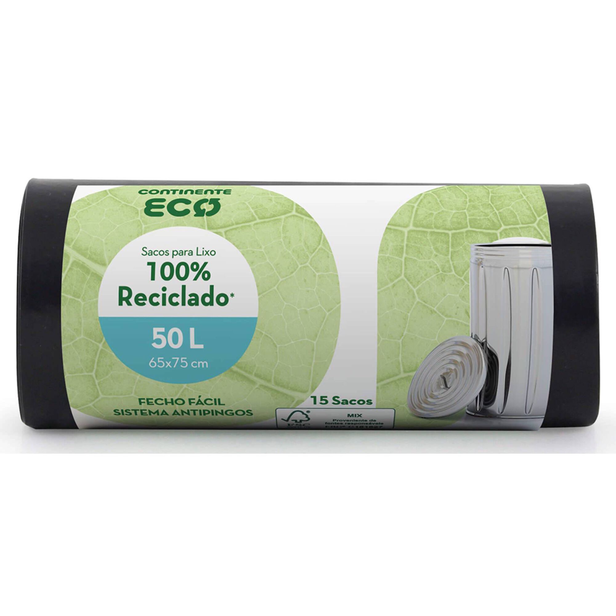Sacos Lixo 100% Reciclado Fecho Fácil 50 lt