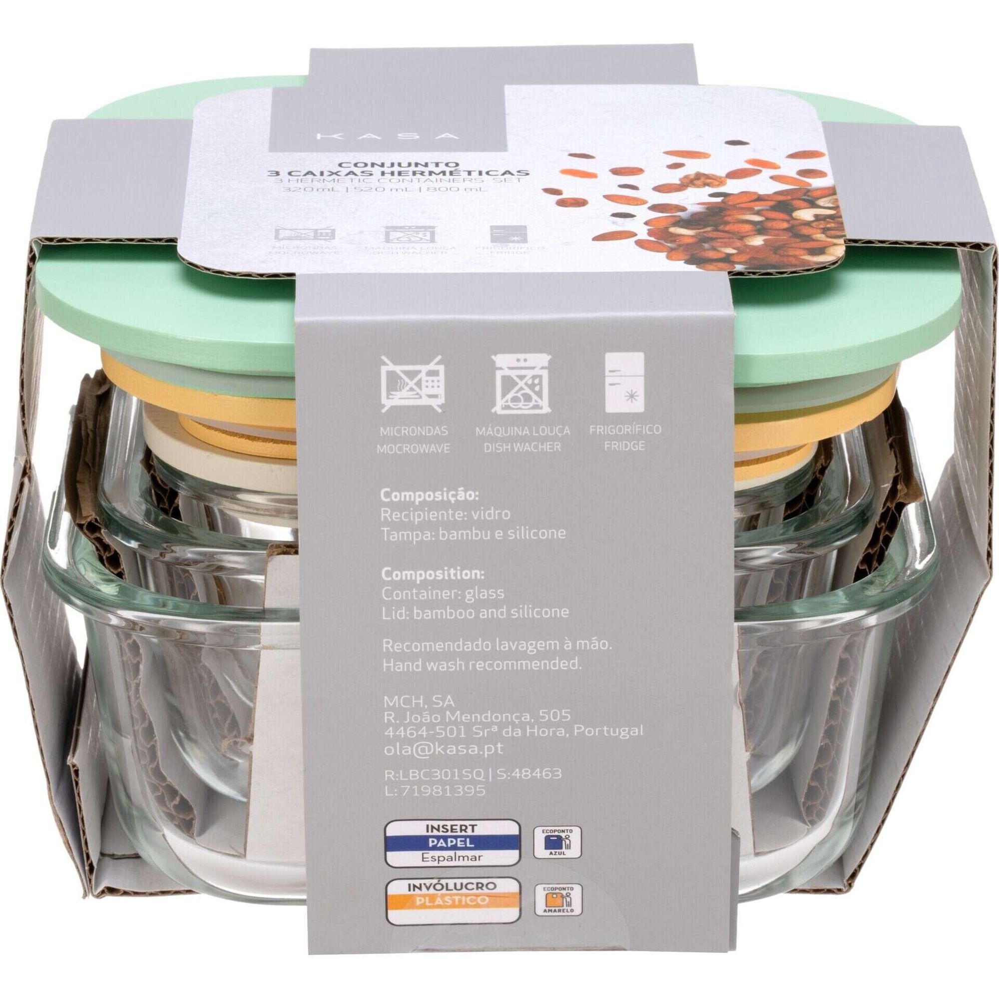 Conjunto de 3 Caixas Herm&eacute;ticas 15,6x15,6cm Vidro Bambu Colors Kasa