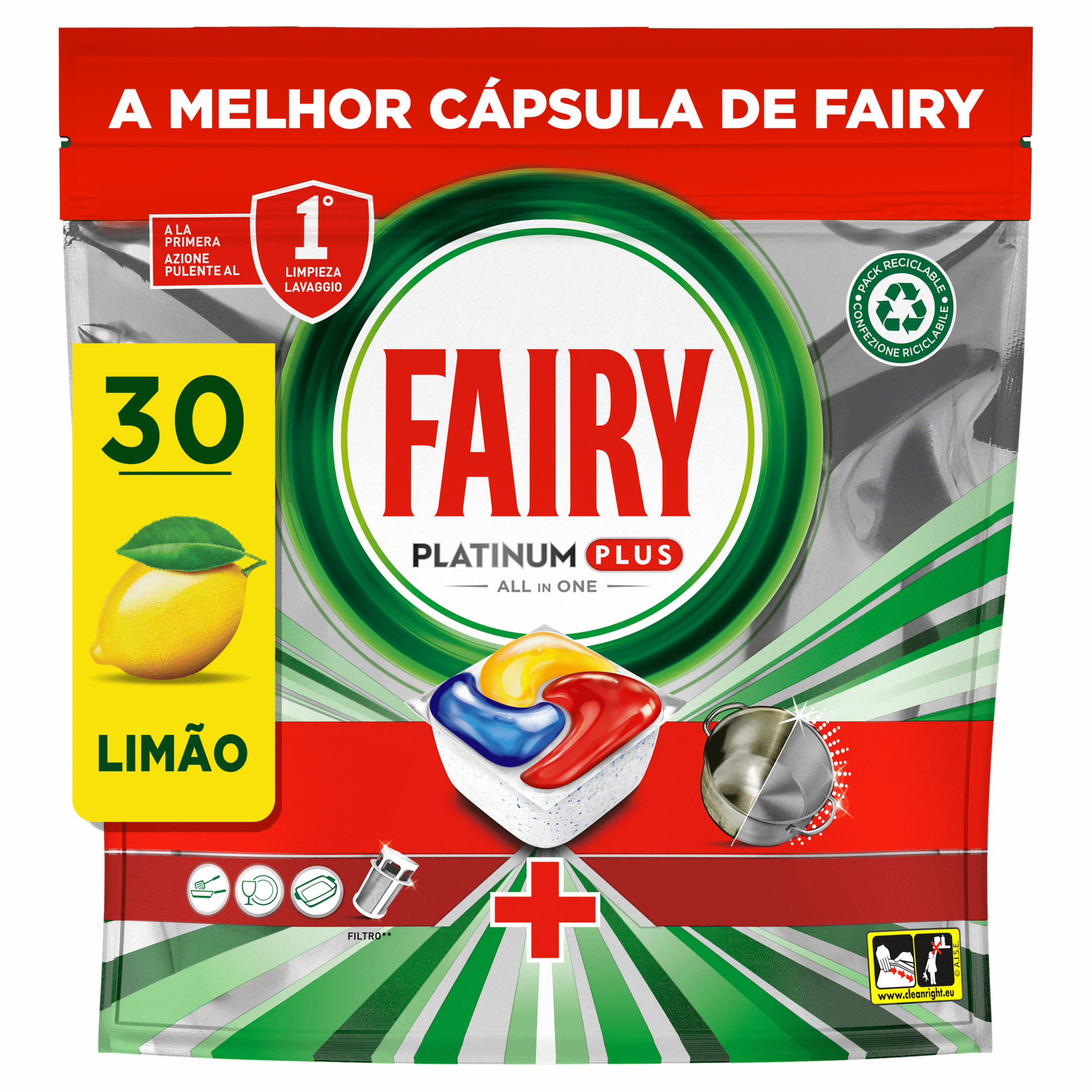 Detergente M&aacute;quina Loi&ccedil;a Pastilhas Platinum Plus Tudo em 1 Lim&atilde;o Fairy