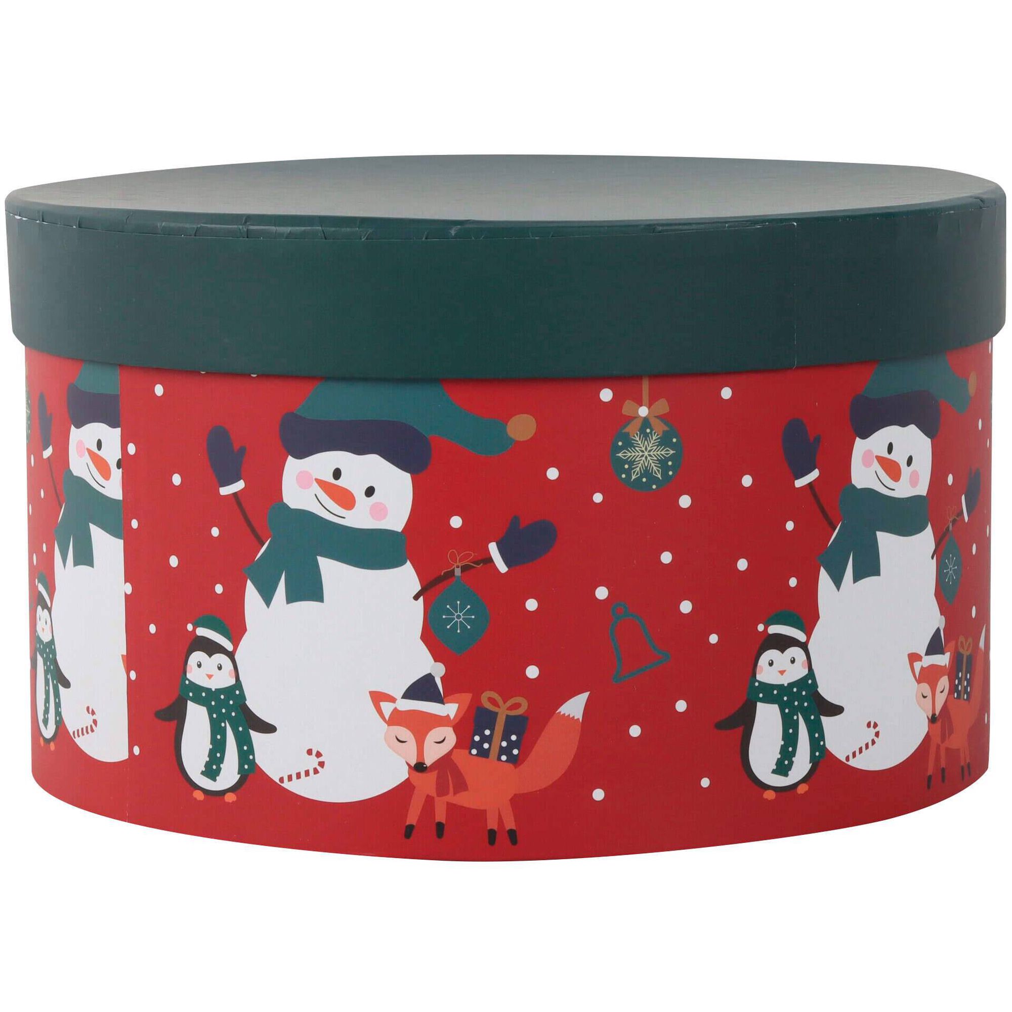 Caixa Cartão Redonda 20cm Vermelha Boneco de Neve