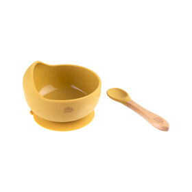 Ta&ccedil;a e Colher Madeira E Silicone Amarelo Interbaby