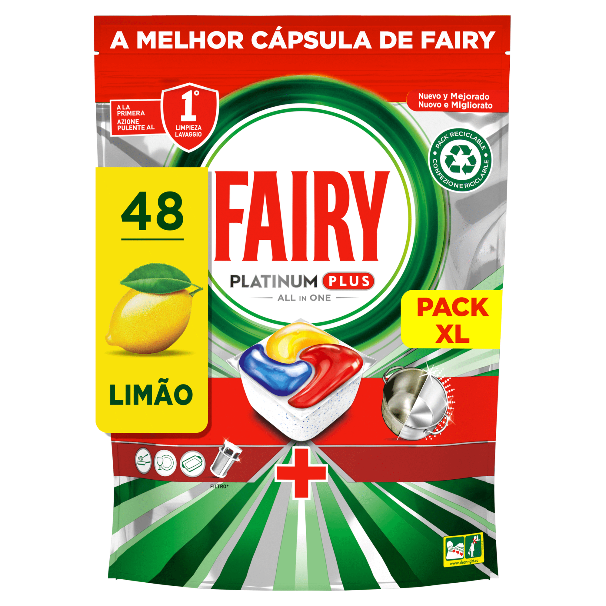 Detergente M&aacute;quina Loi&ccedil;a Pastilhas Platinum Plus Lim&atilde;o Fairy