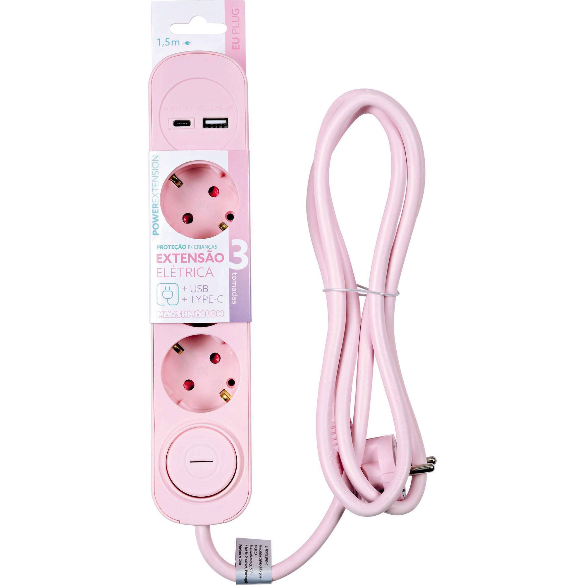 Bloco 3 Tomadas, 1 USB e 1 Type-C 1,5m Rosa Marshmallow