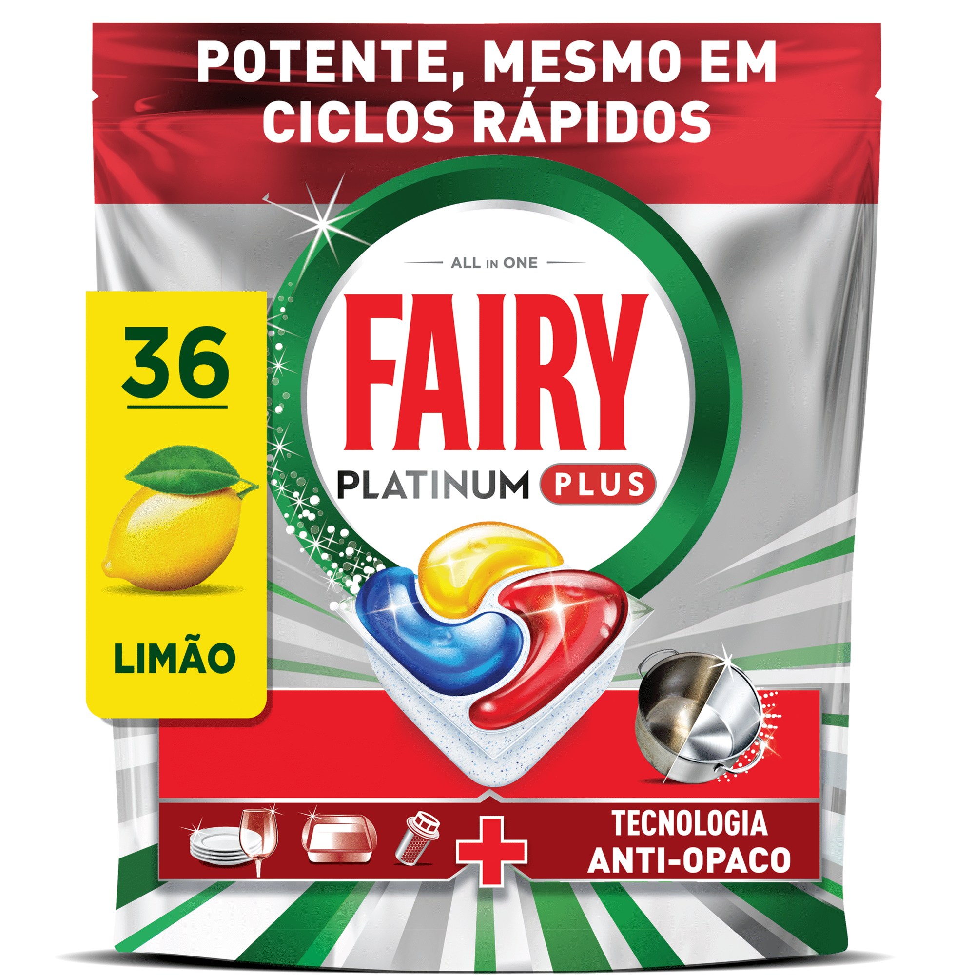 Detergente M&aacute;quina Loi&ccedil;a Pastilhas Platinum Plus Lim&atilde;o Fairy