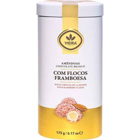Am&ecirc;ndoas Chocolate Branco com Framboesa Lata Vieira