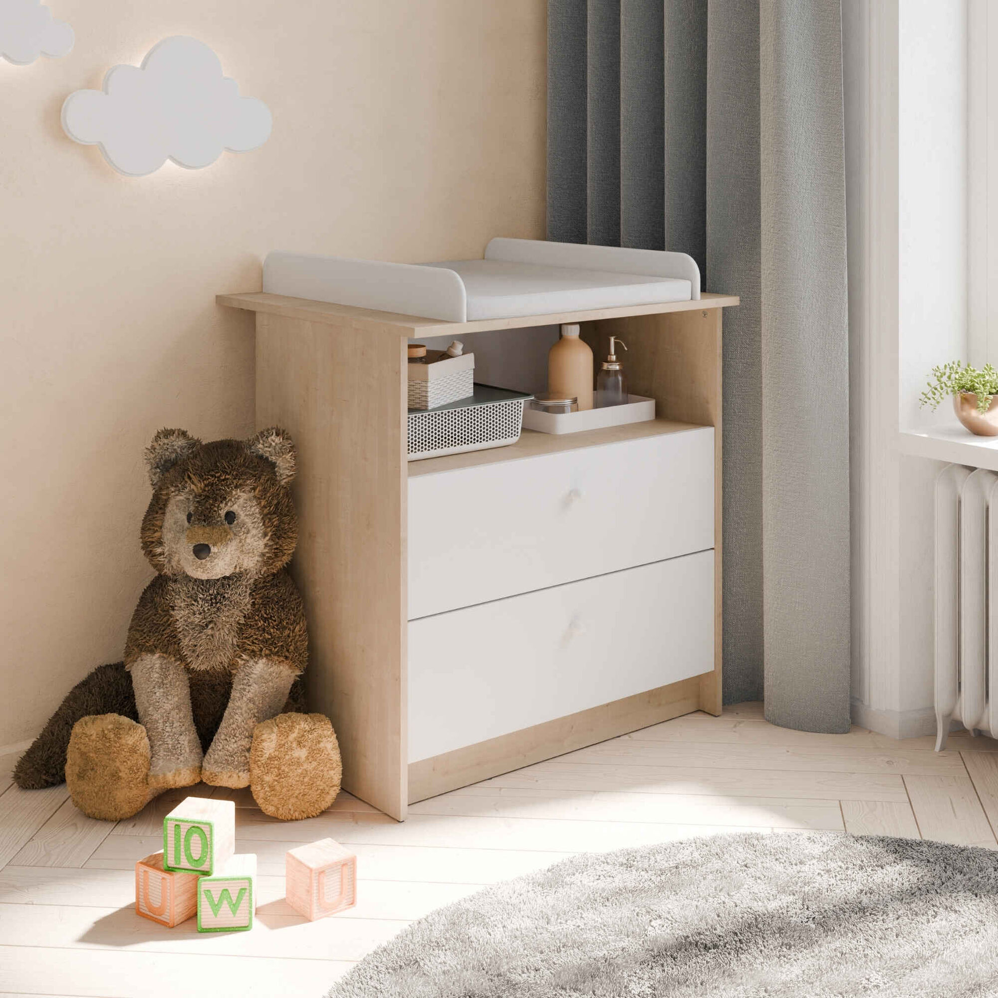 C&oacute;moda com Muda Fraldas 79,6x70x94,4cm Carvalho e Branco Helicia