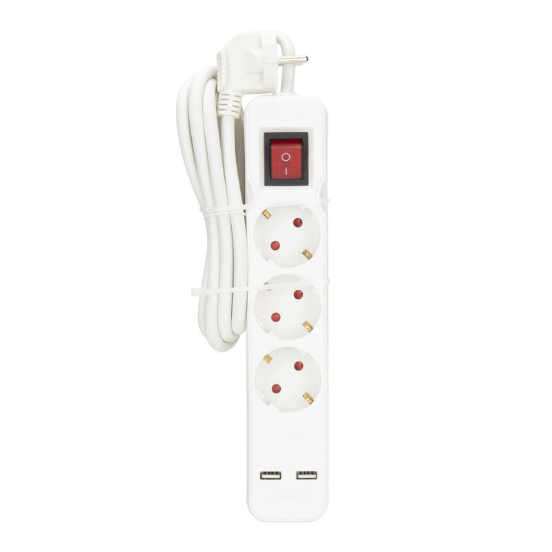 Bloco 3 Tomadas e 2 Entradas USB com Interruptor 2mts Branco Boost