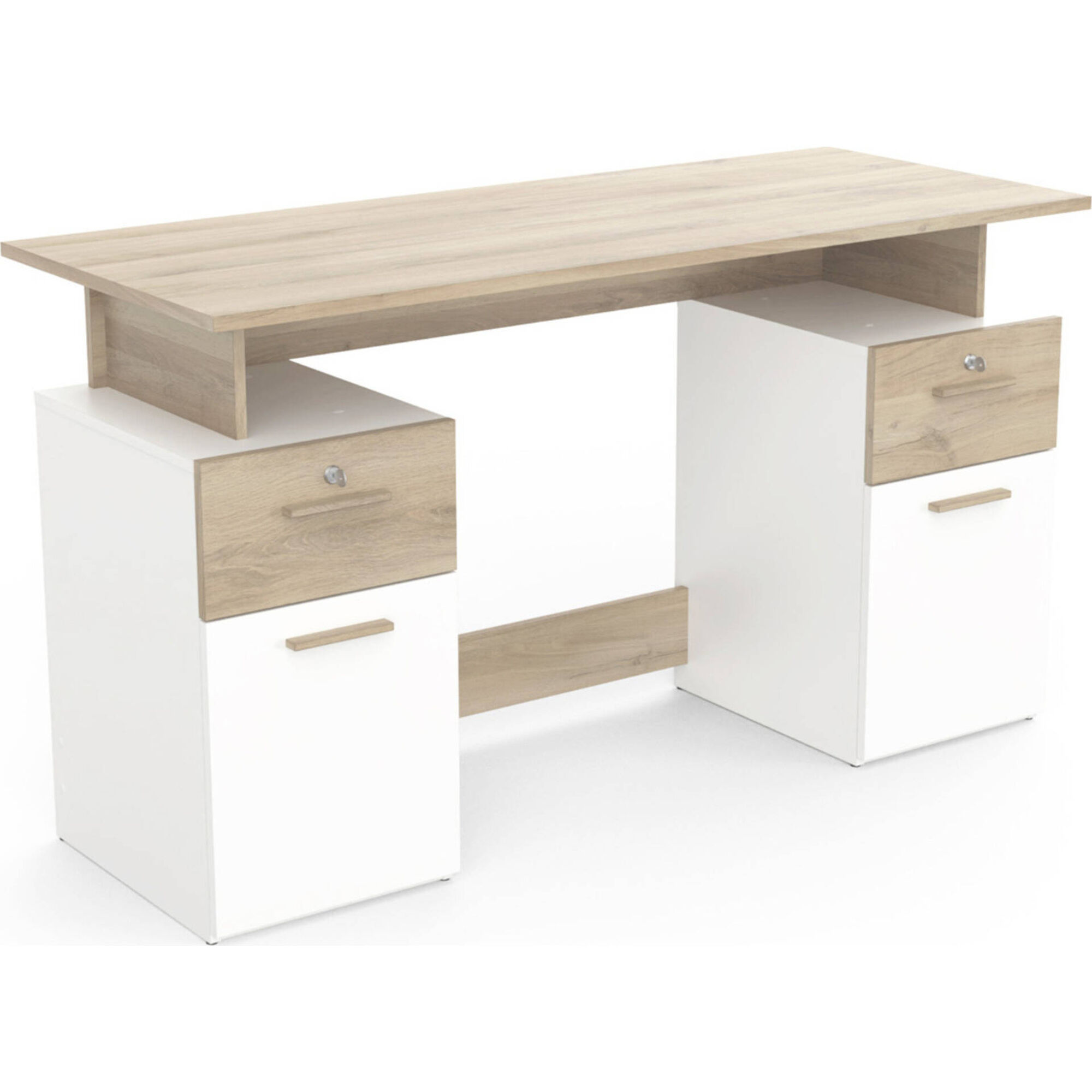 Secretária com 2 Gavetas com Chave 122x55x109cm Branca e Carvalho Platon