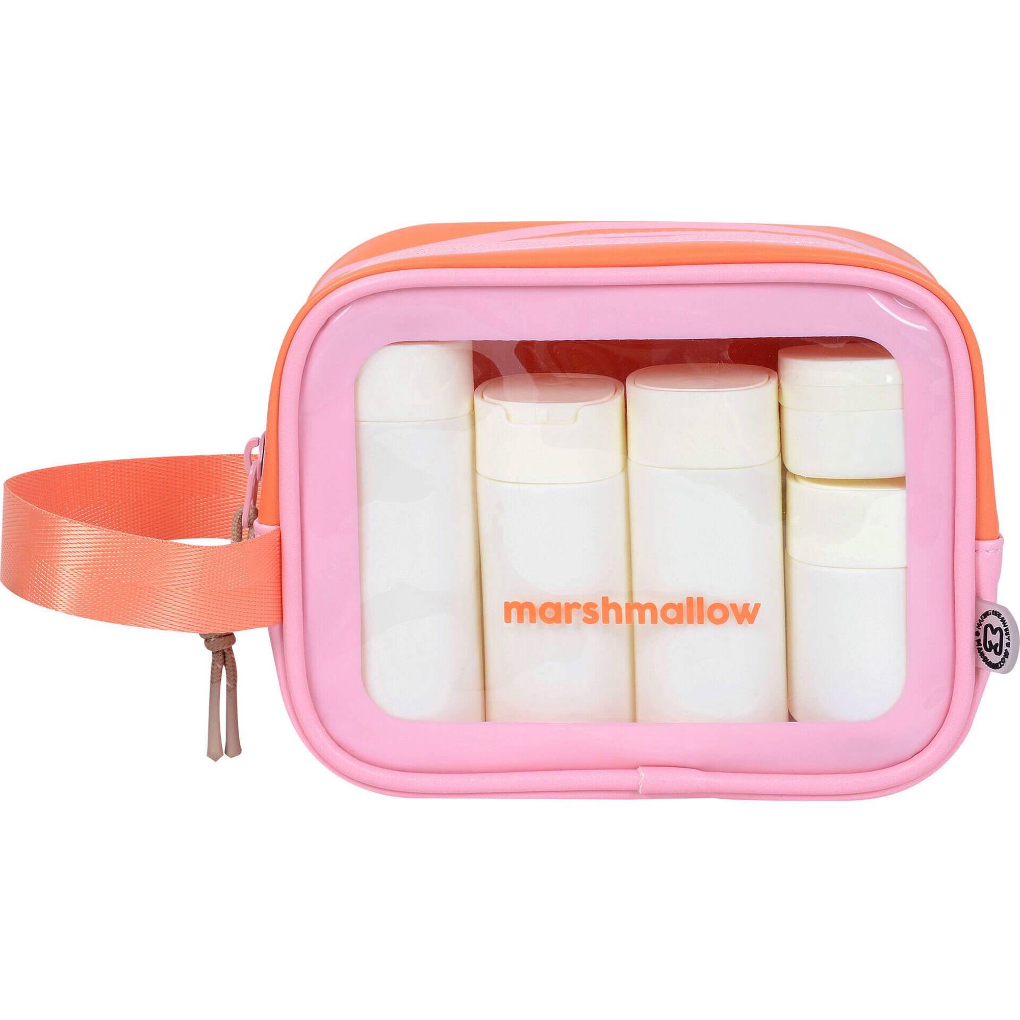 Conjunto Necessaire + 5 Frascos Reutiliz&aacute;veis Riscas Laranja e Rosa Marshmallow