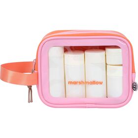 Conjunto Necessaire + 5 Frascos Reutiliz&aacute;veis Riscas Laranja e Rosa Marshmallow
