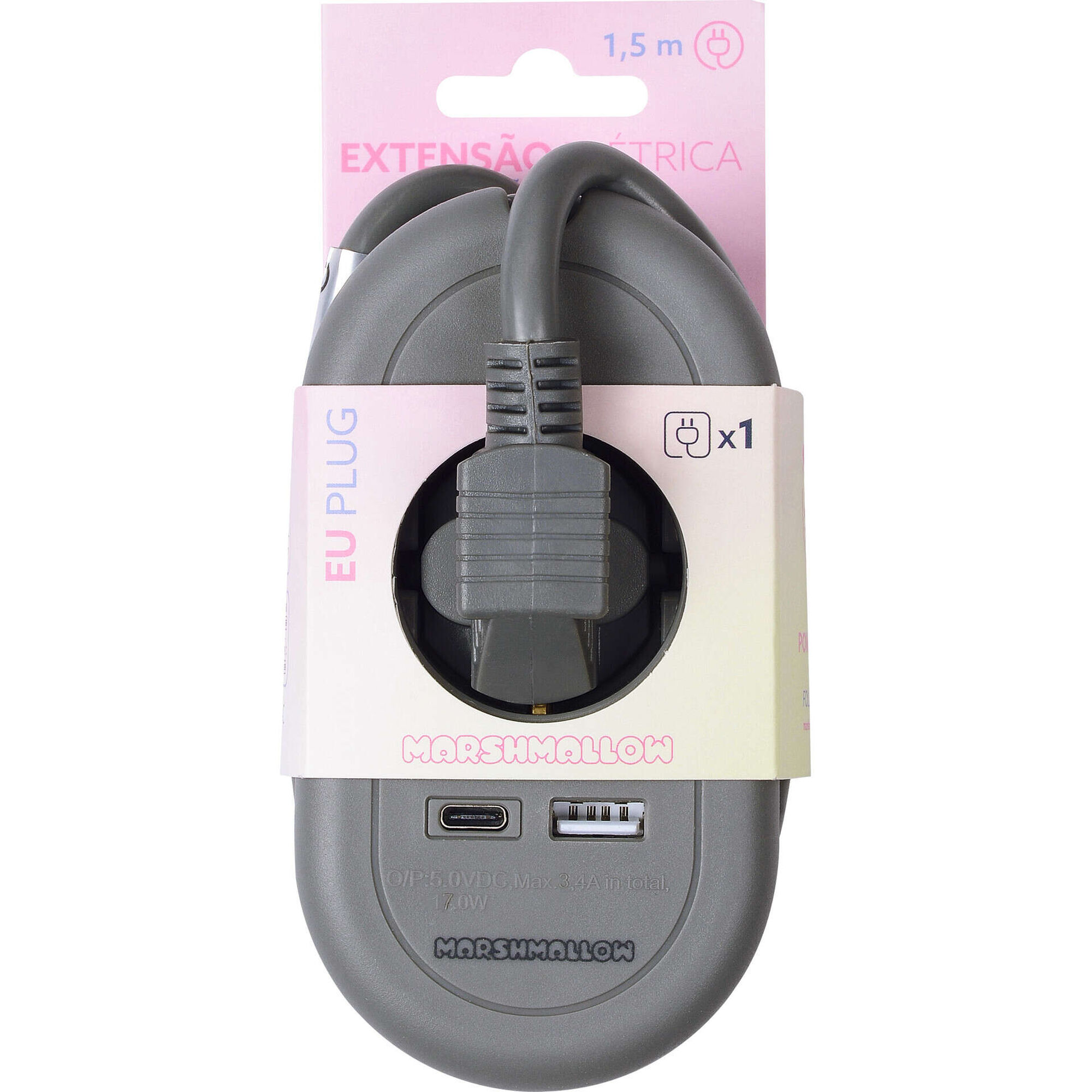 Bloco de Tomadas Travel com USB e USB-C Cinza Marshmallow