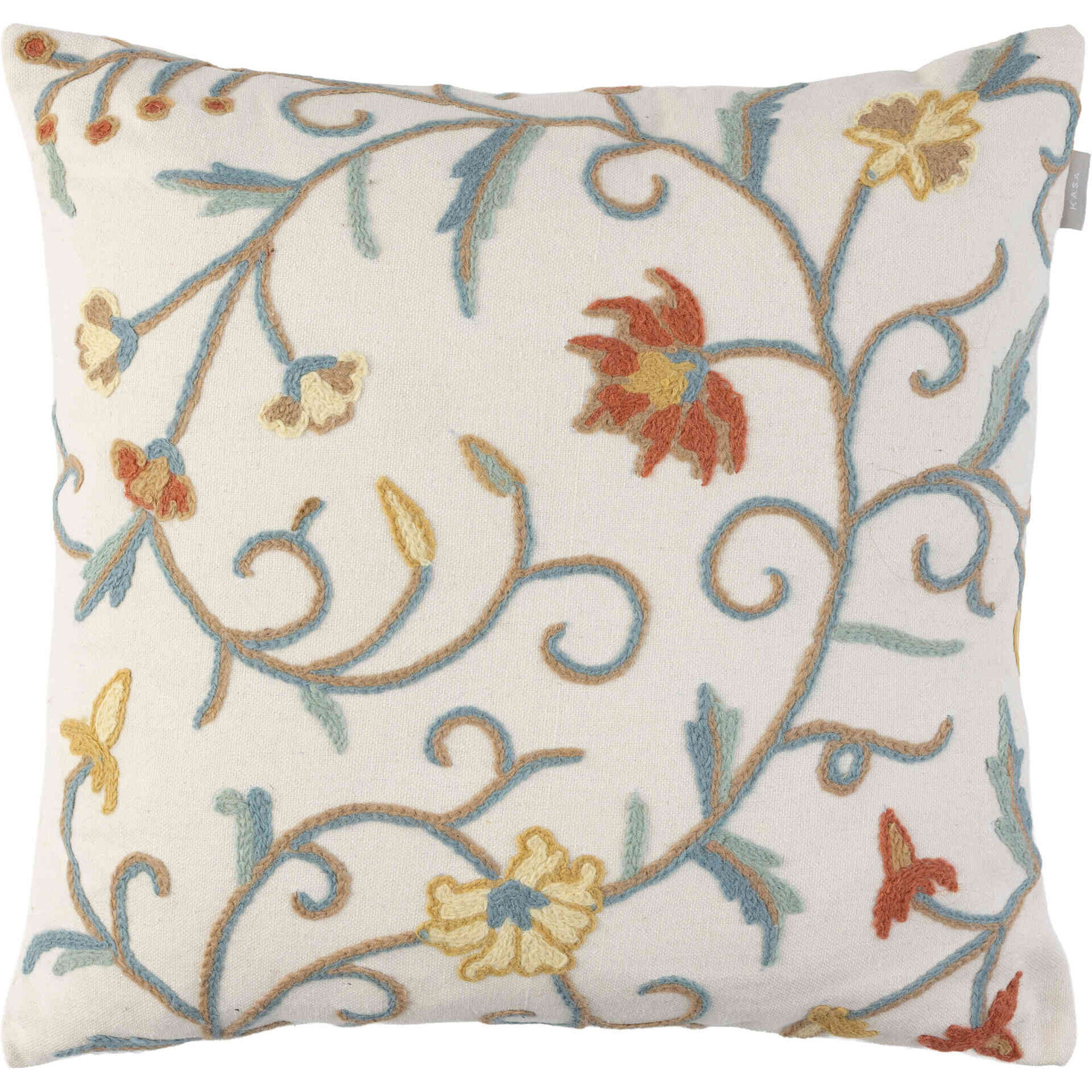 Almofada 45x45cm Branca com Bordado Flores Azul e Laranja