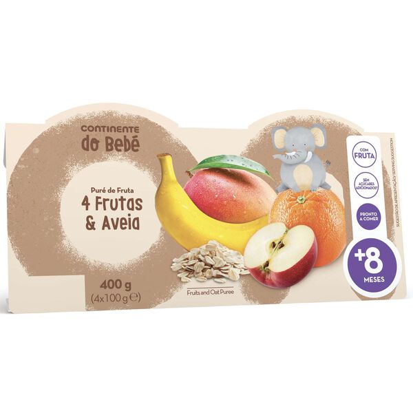 Puré de Fruta 4 Frutas e Aveia +8M Continente do Bebé