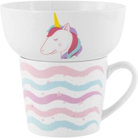 Conjunto Caneca 370ml e Taça 520ml Unicórnio Riscas Zig Zag