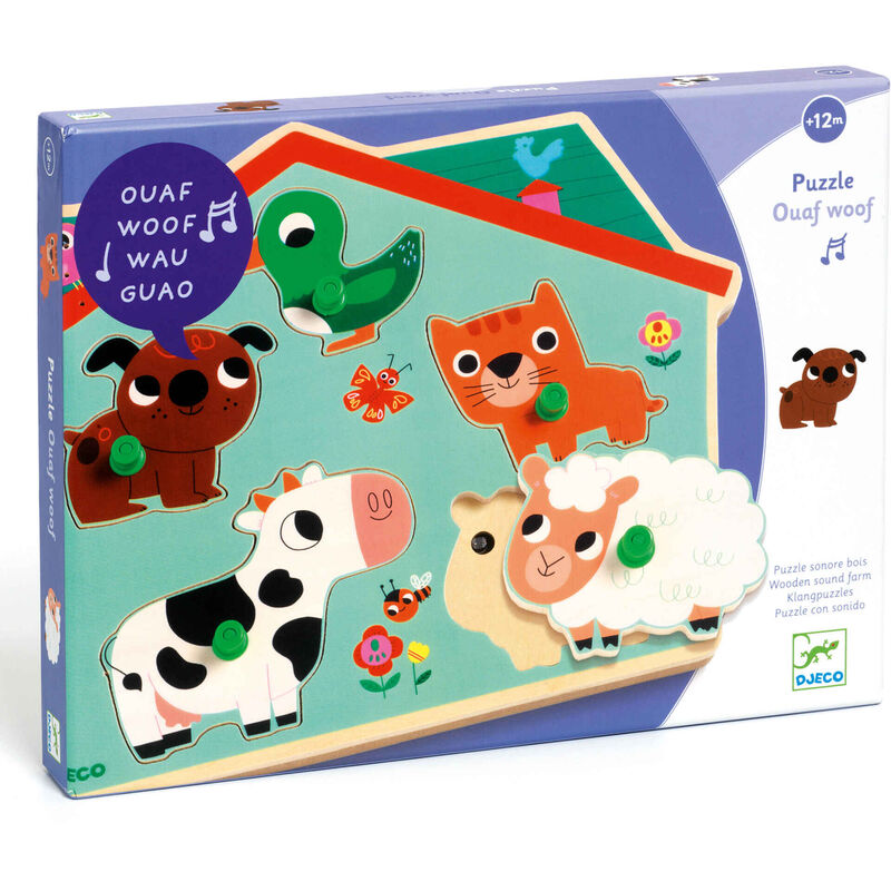 Djeco - Puzzle Sonoro de Madeira com Animais 5 Peças