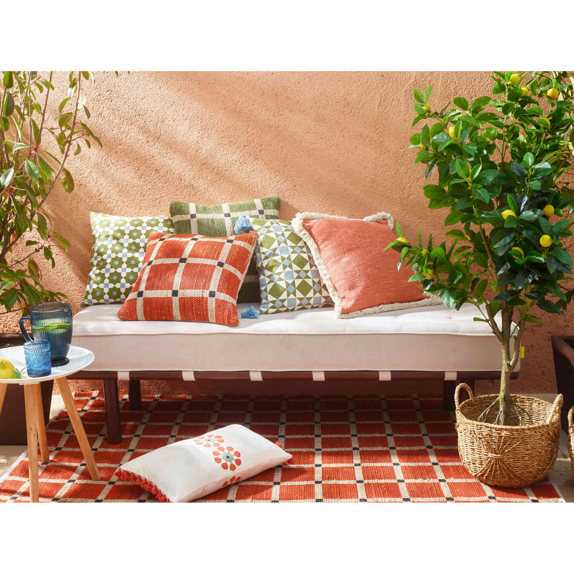 Almofada Juta 45x45cm Quadrados Laranja