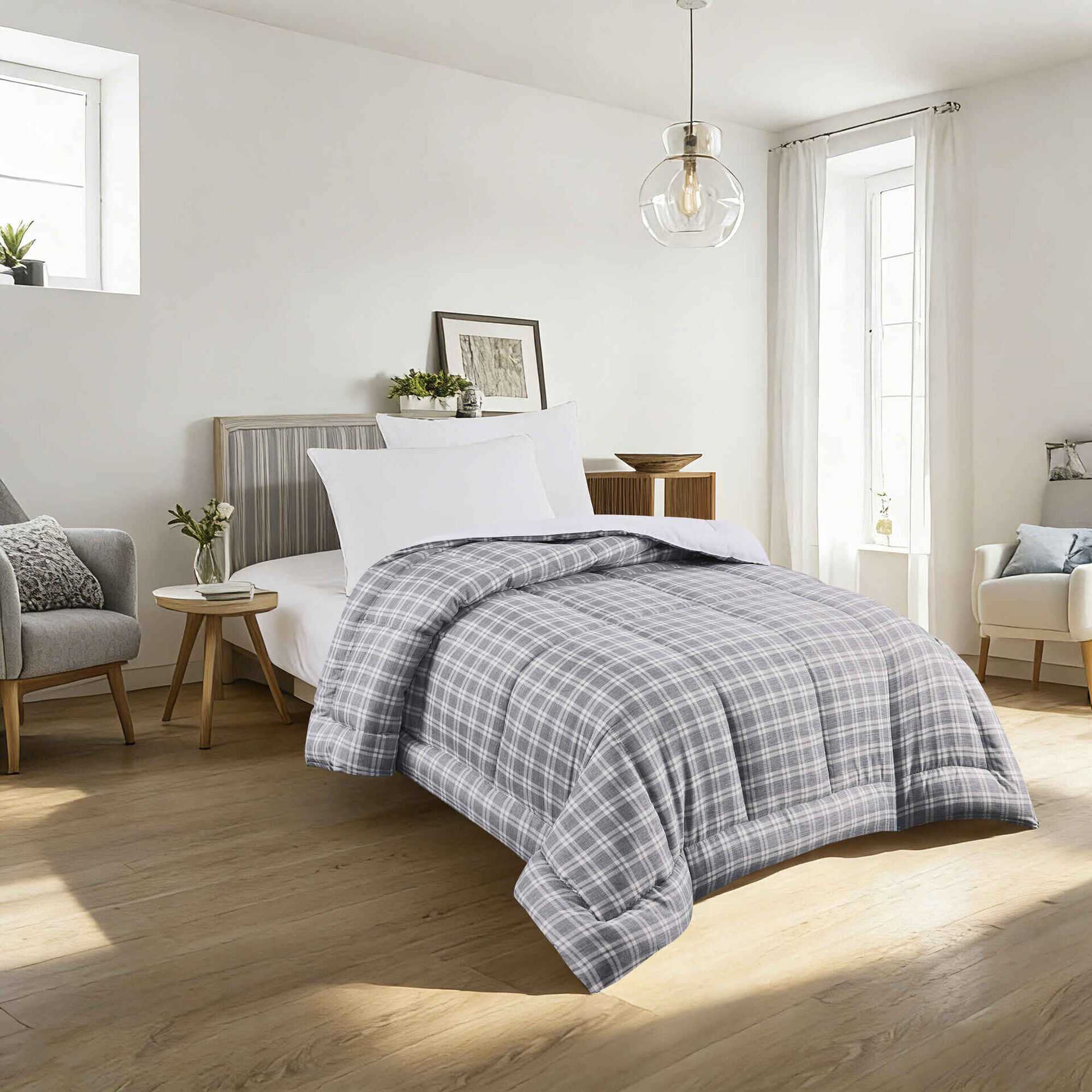 Edred&atilde;o Xadrez 260x240cm Washed Cinza Kasa