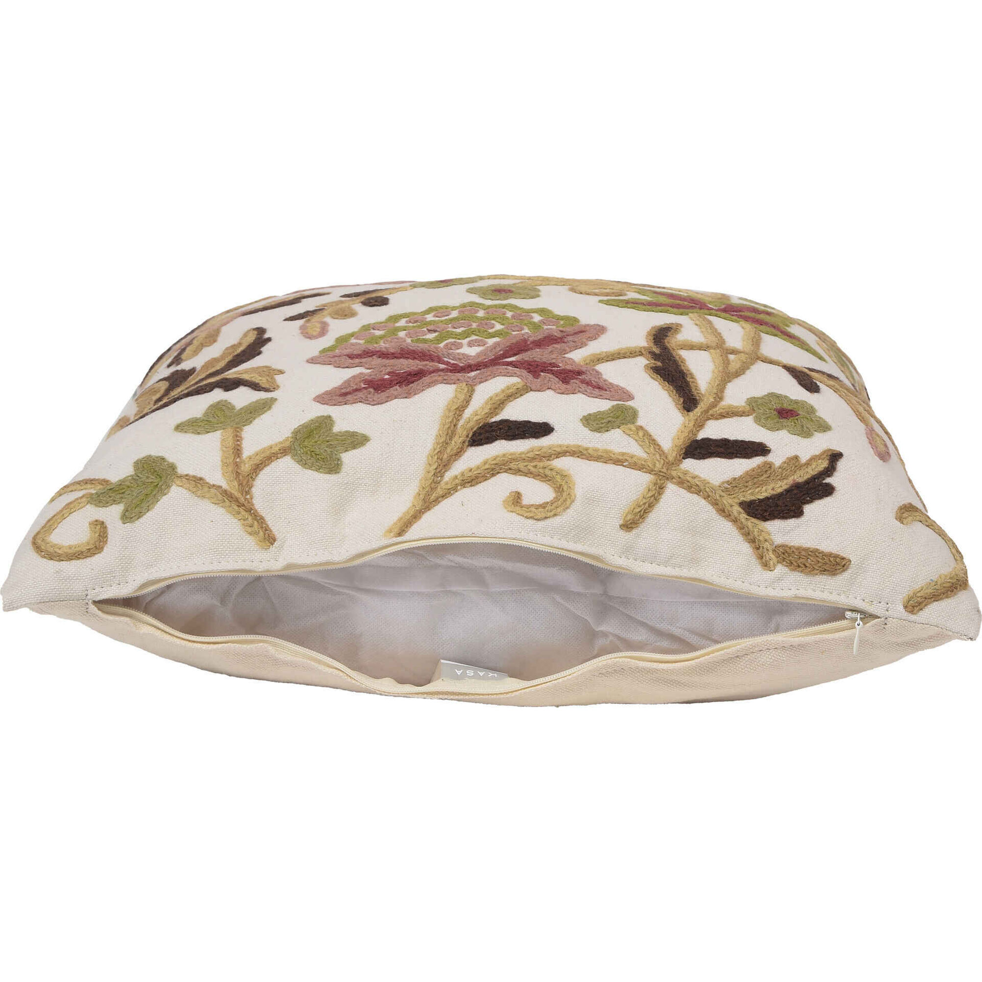 Almofada 45x45cm Bordada Flores Rosa e Verde