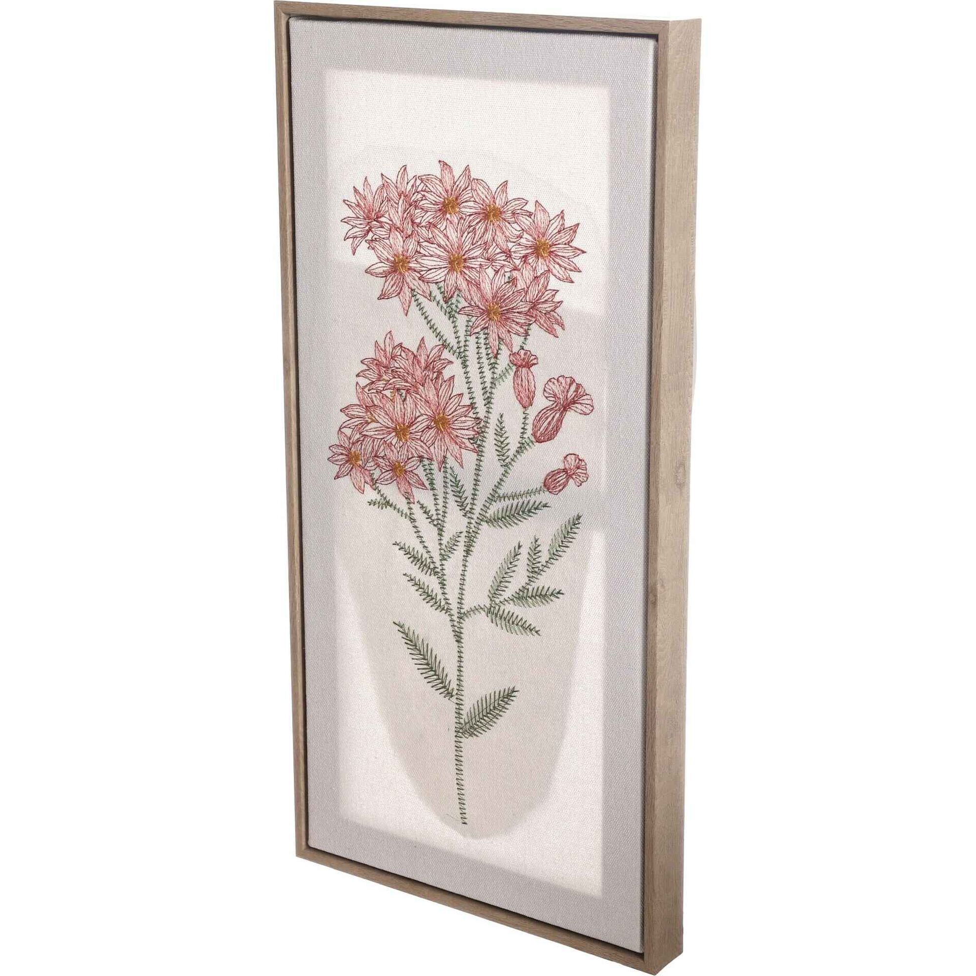 Quadro Decor 50x25cm Bordado Flores Rosa