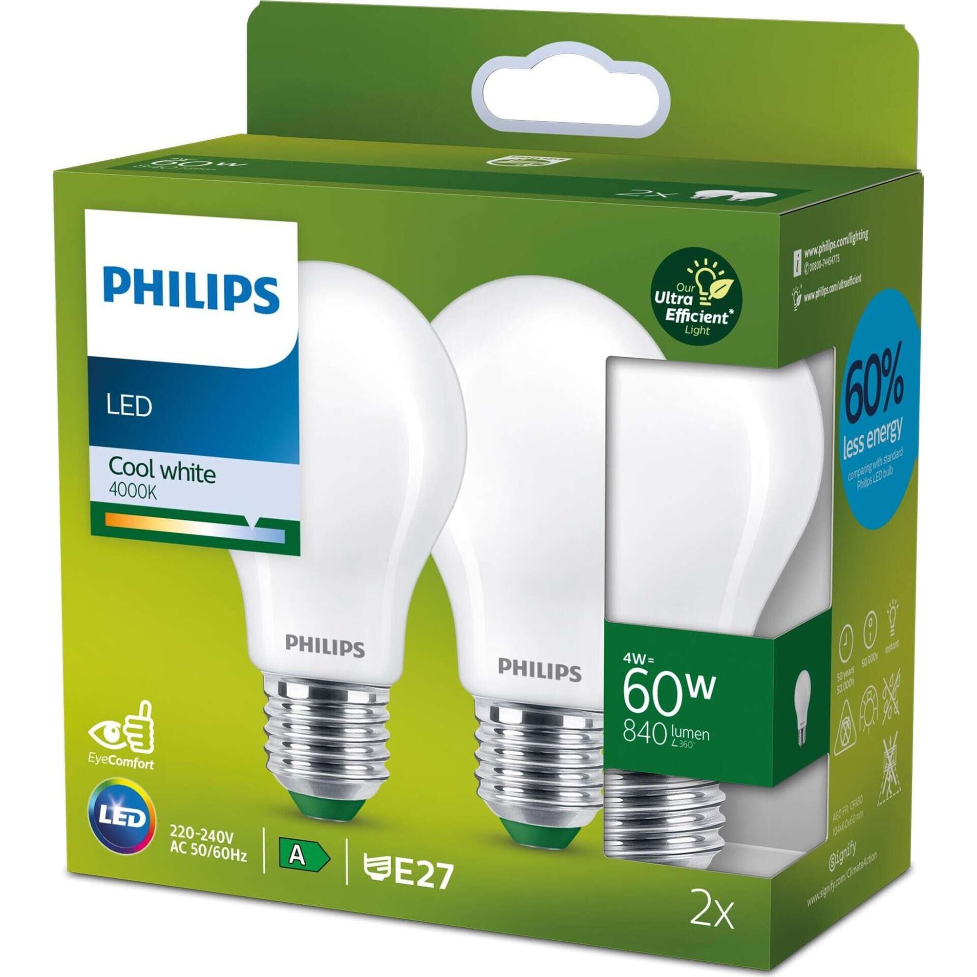 Conjunto 2 L&acirc;mpadas LED Standard E27 4000K Equiv. 60W Philips