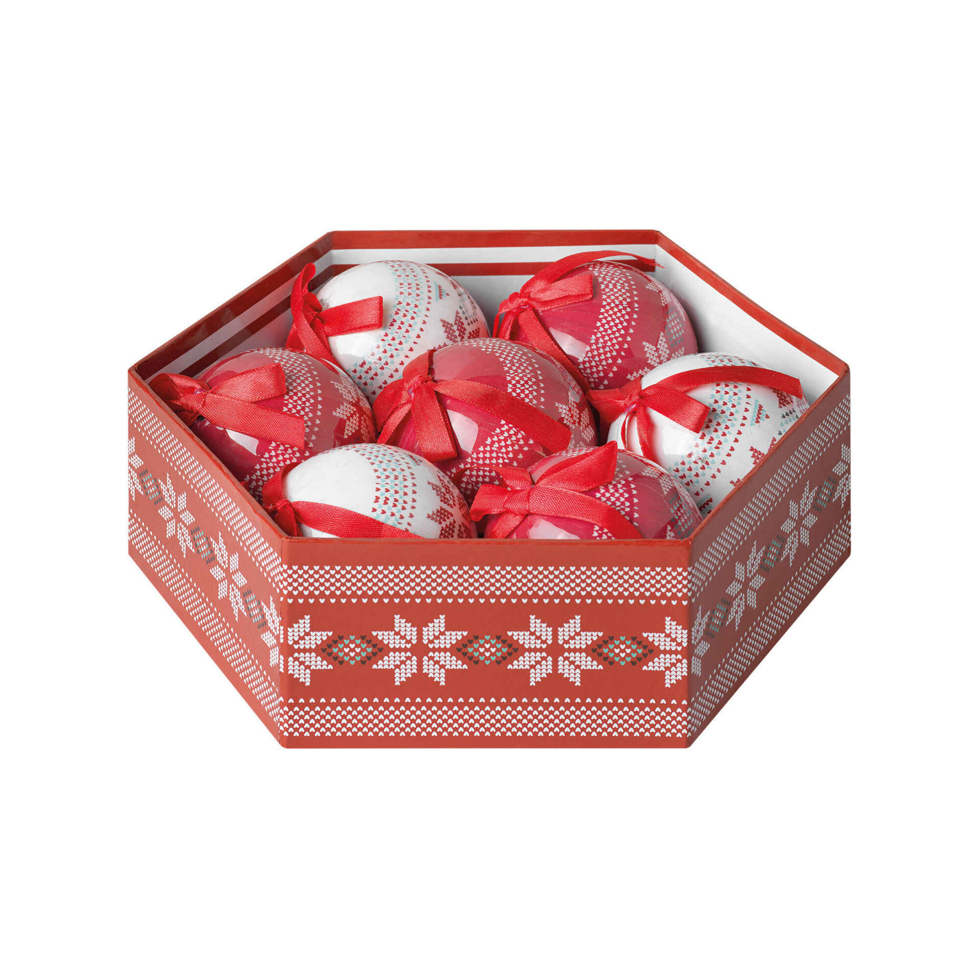 Caixa 7 Bolas Flocos Neve 22x8cm Brancas e Vermelhas