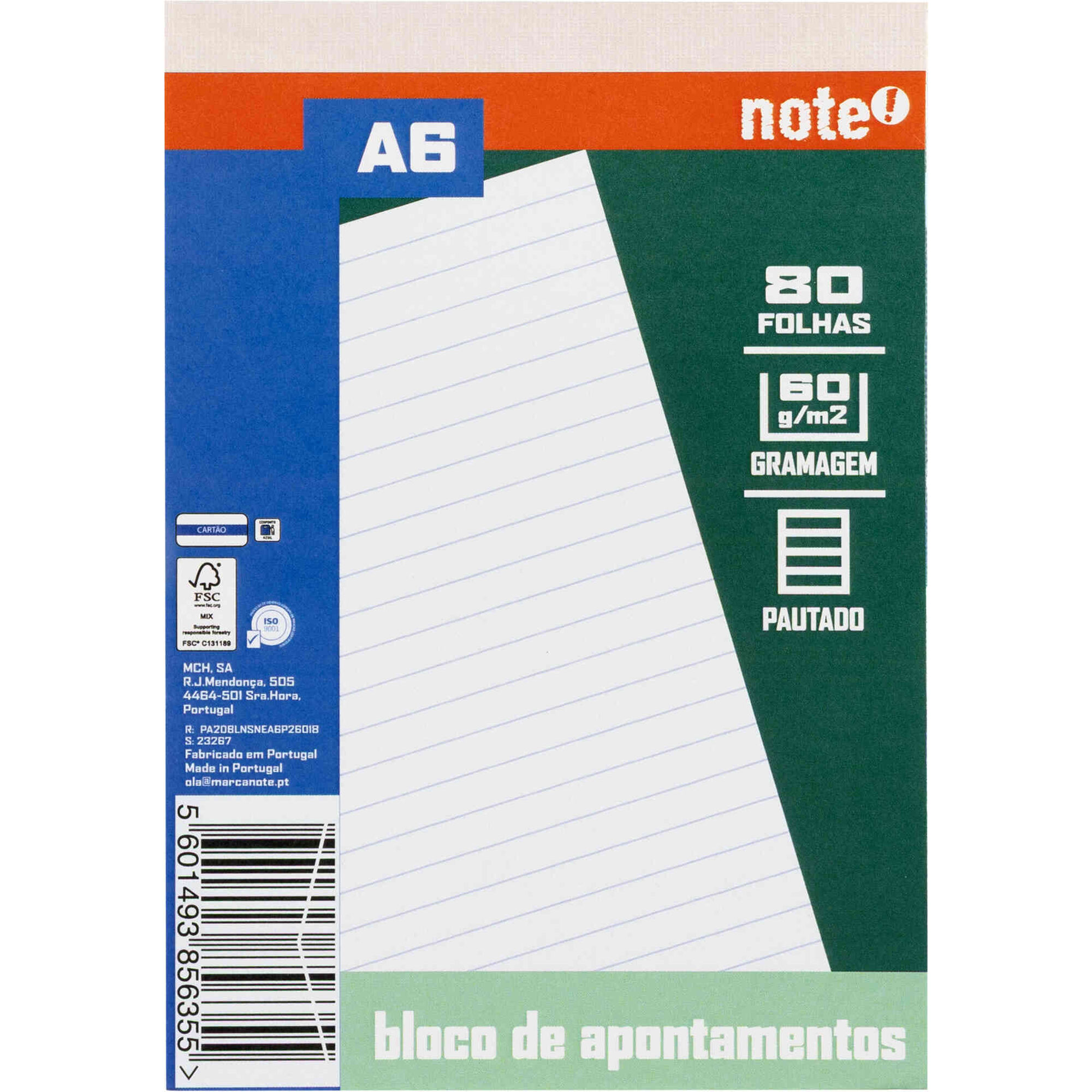 Bloco de Apontamentos A6 Pautado Note!