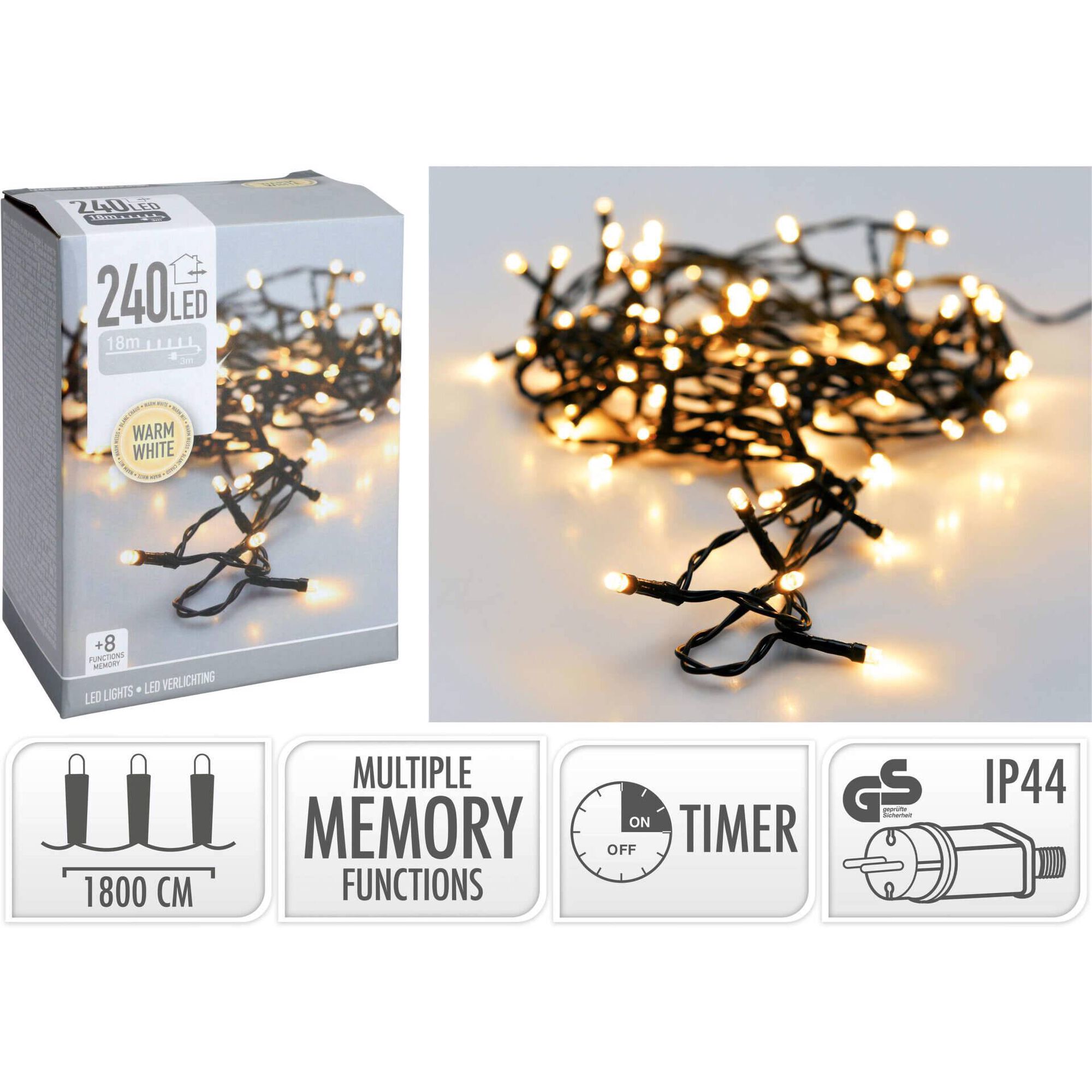 Conjunto 240 Luzes Led Branco Quente 8 Fun&ccedil;&otilde;es